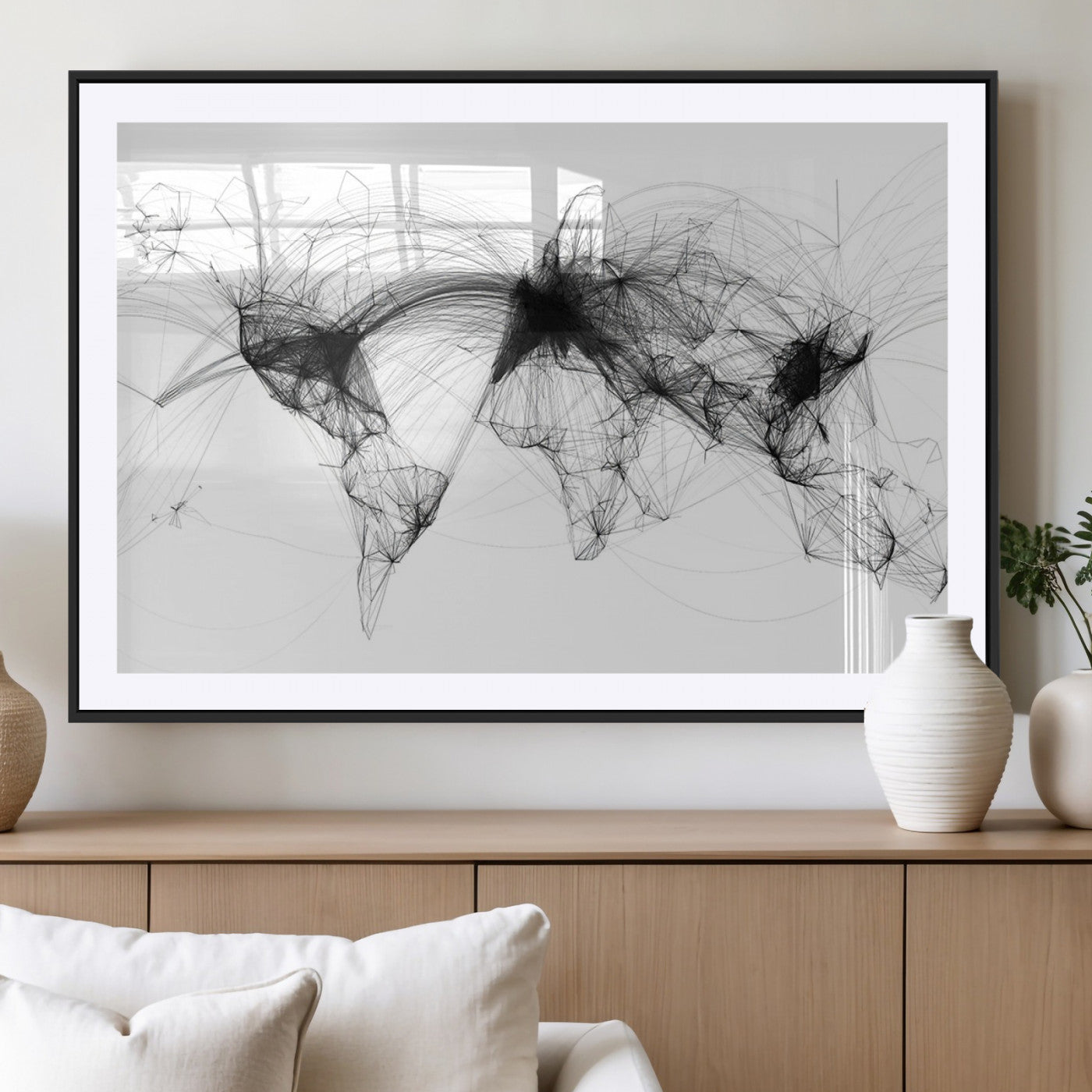 50136-MGV-CV-36X24-Abstract World Map Wall Art – Framed Geometric Line Canvas Artwork, Modern Global Design, Contemporary Decor for Home, Office