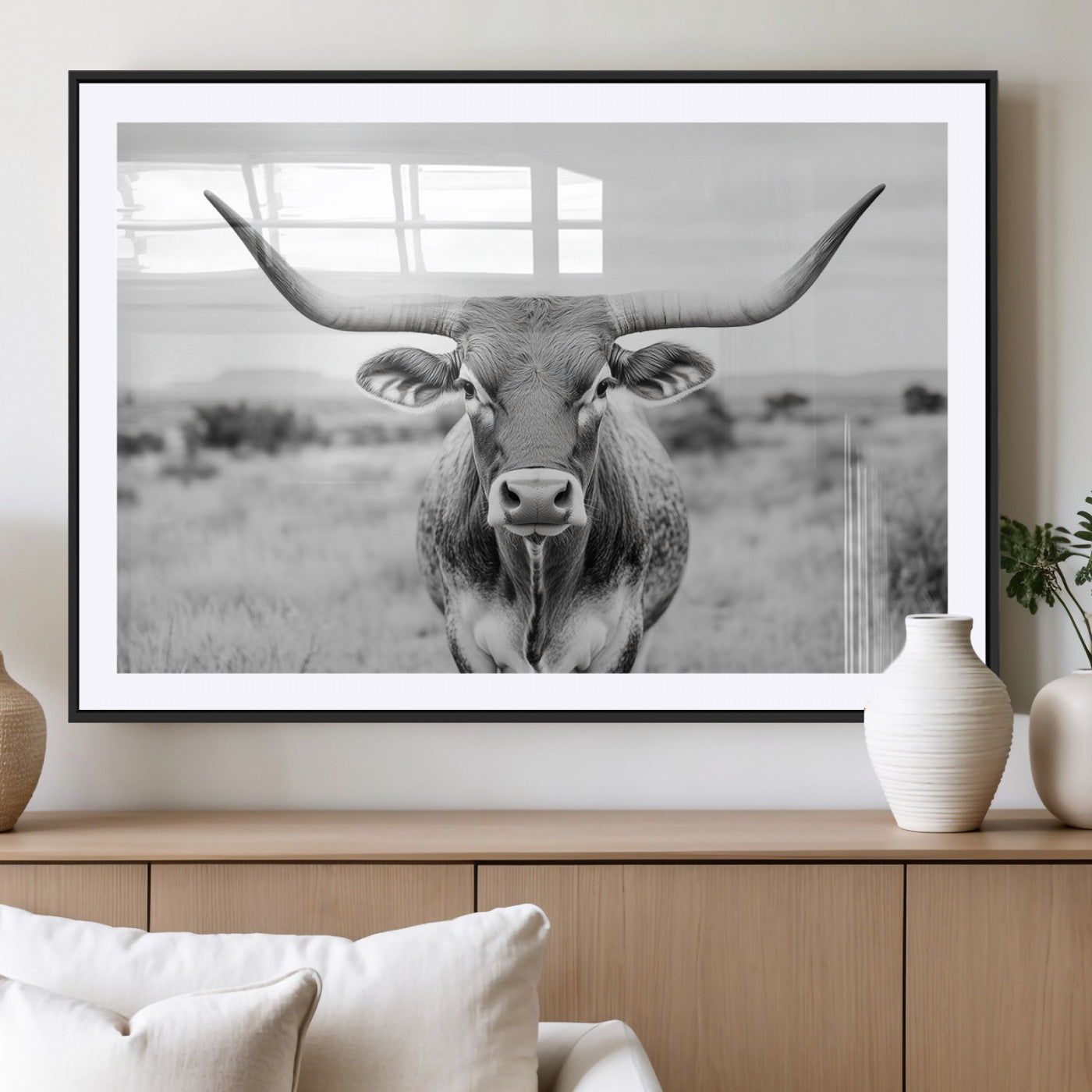 MGC-FP-36x24 - Highland Cow Wall Art Print - Black and White Texas Western Longhorn Canvas - Farmhouse Decor Print