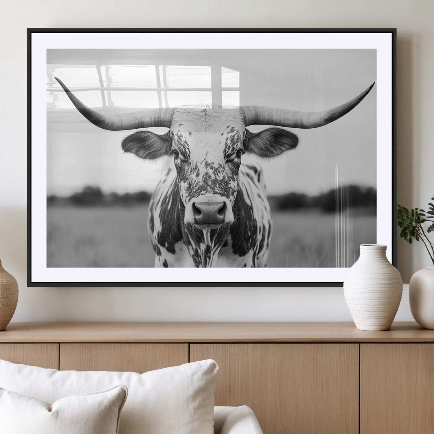 MGC-FP-36x24 - Highland Cow Wall Art - Black and White Western Longhorn Canvas Print - Farmhouse Living Room Decor