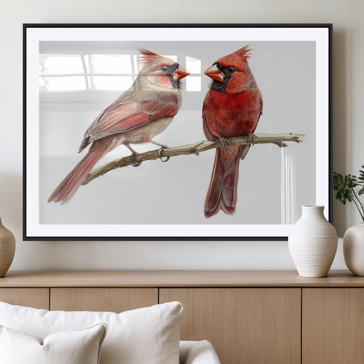 MGC-FP-36x24 - Cardinal Bird Canvas Wall Art - Male and Female Cardinal Print - Abstract Bird Wall Decor for Home -