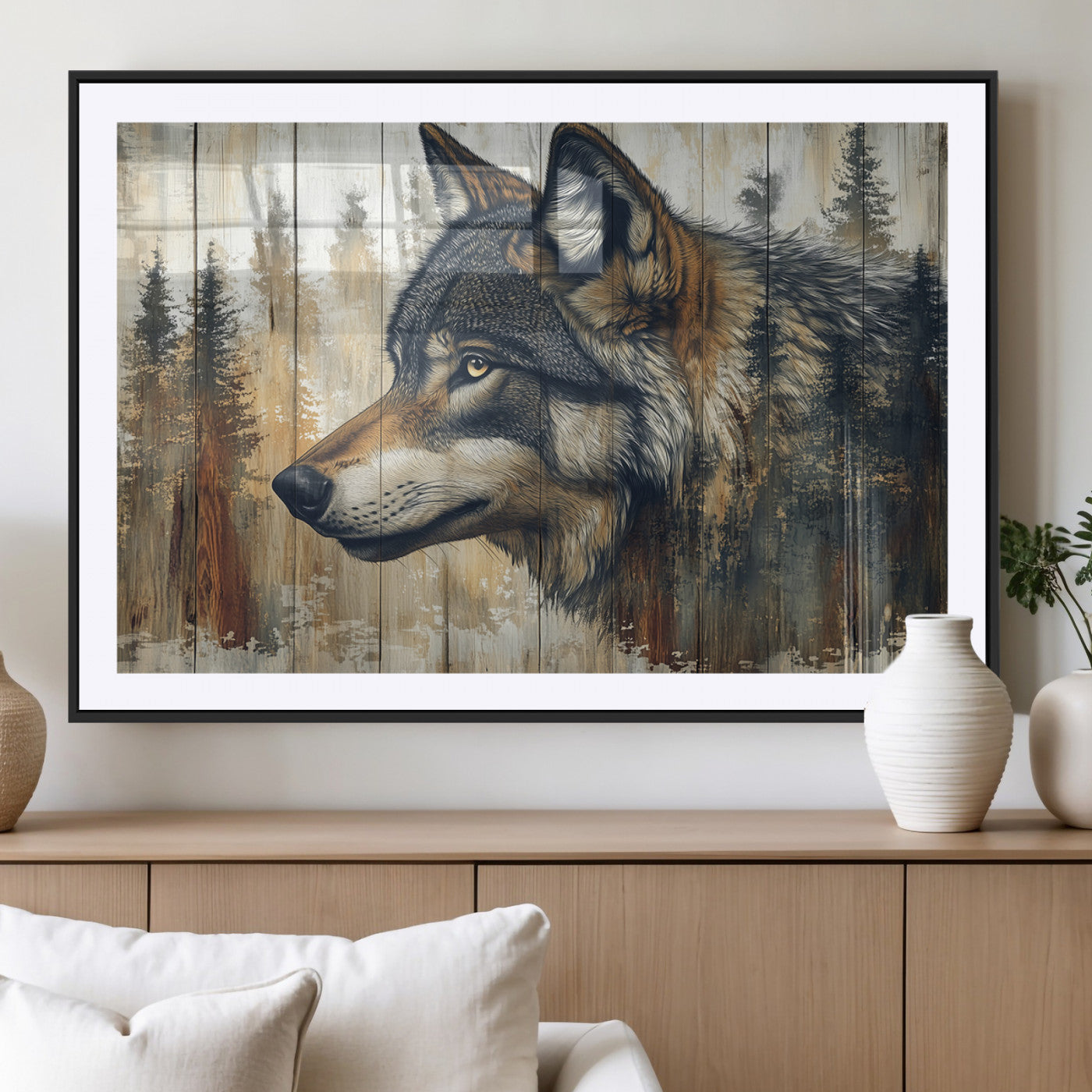 MGC-FP-36x24 - Rustic Wolf Wall Art Canvas Print, Vintage Woodland Wolf Wall Art