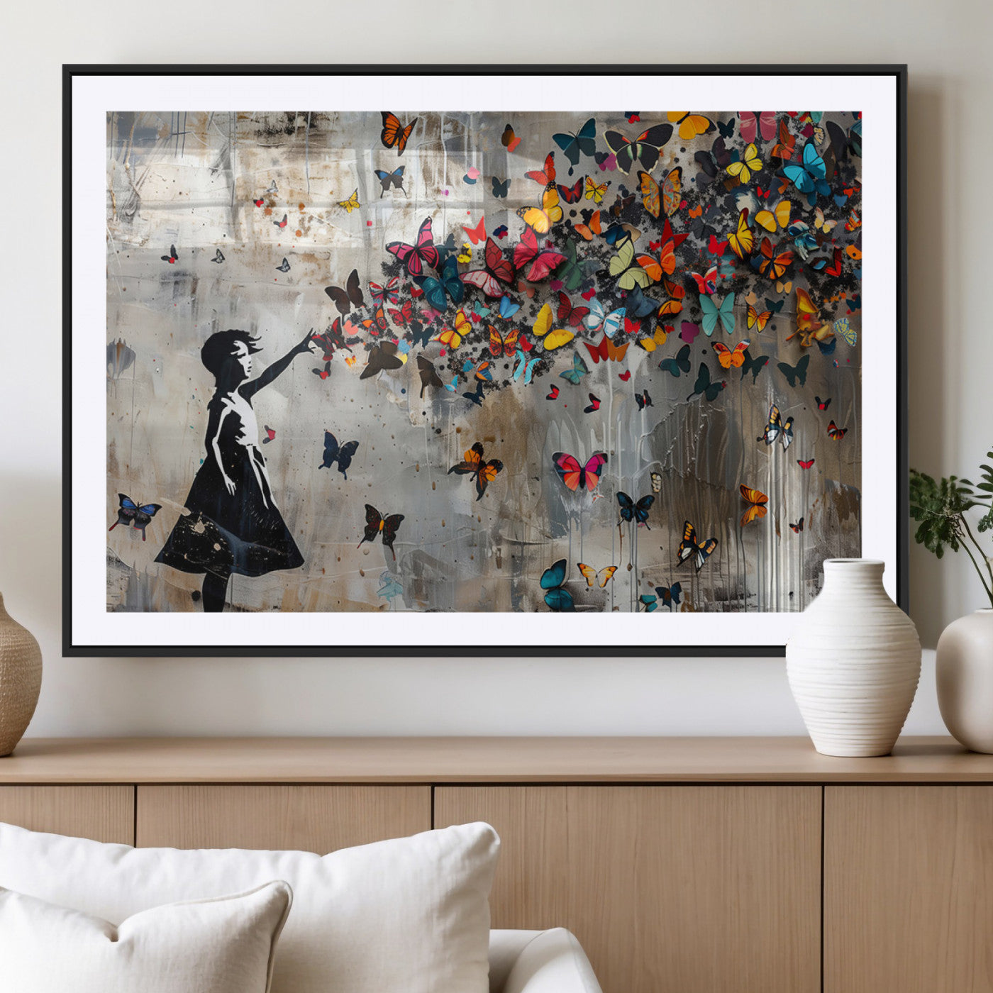 MGC-FP-36x24 - Framed Banksy Butterfly Girl Wall Art ,3-Piece Butterfly Girl Canvas, Modern Graffiti Canvas Print