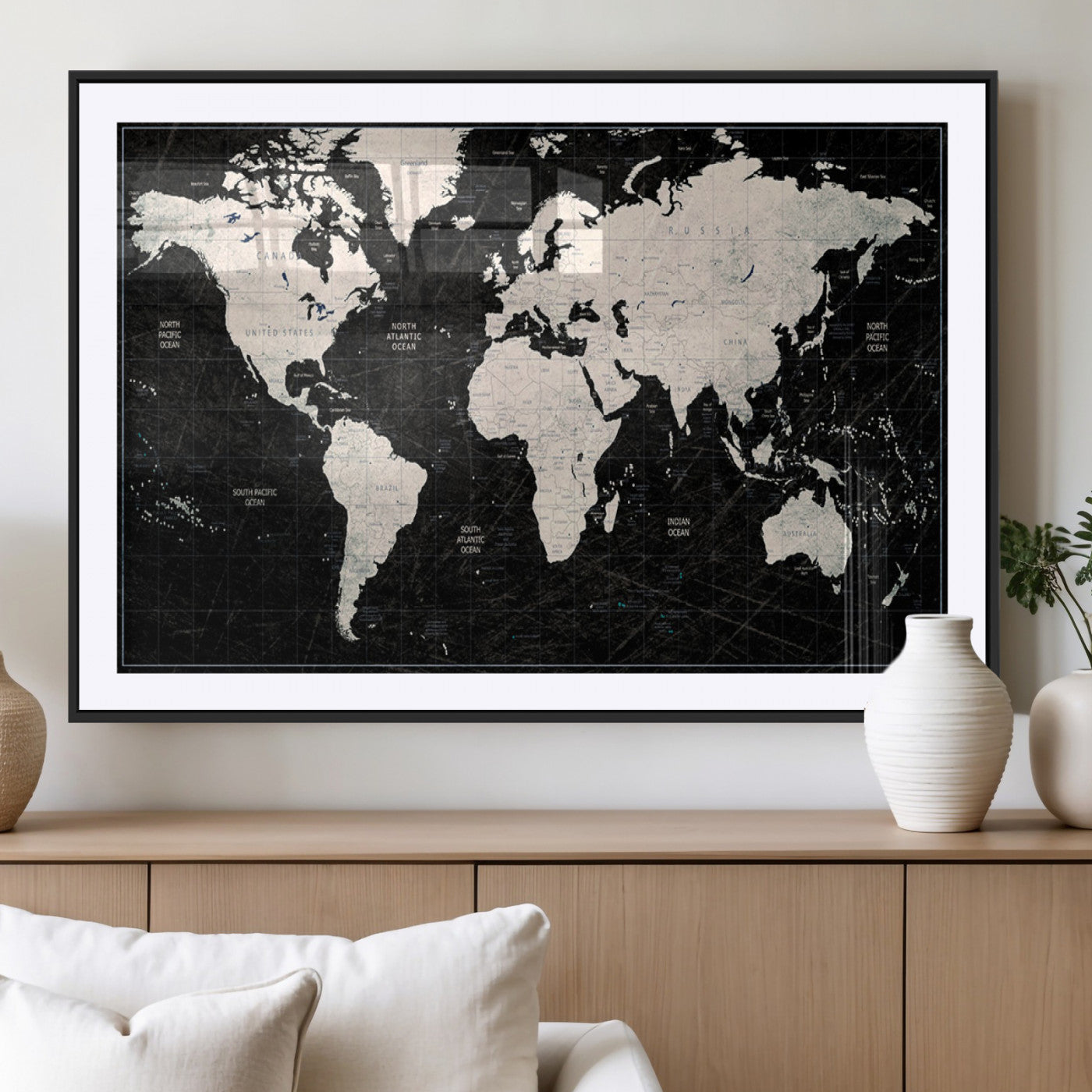 MGC-FP-36x24 - Push Pin World Map Canvas Print – Framed Wall Art for Couples to Track Their Travels – Anniversary