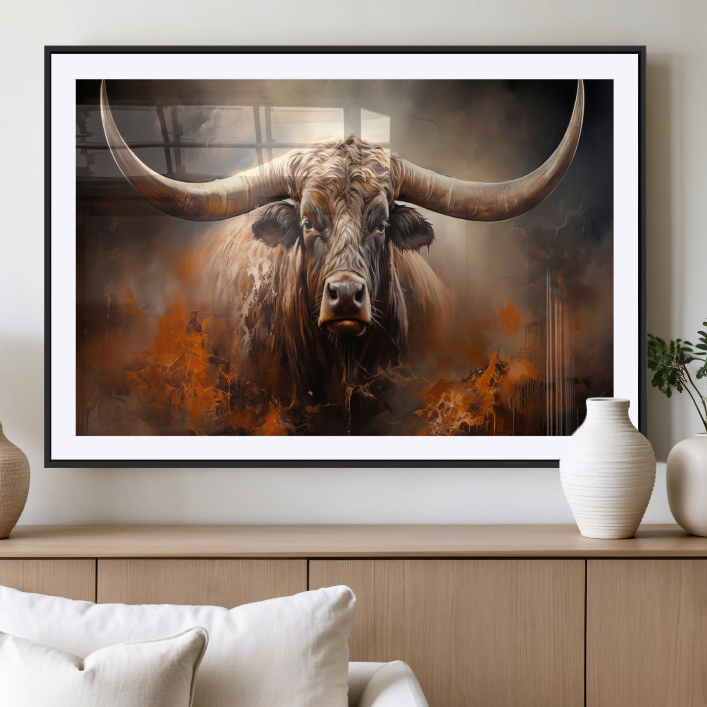 MGC-FP-36x24 - Highland Bull Canvas Abstract Canvas Wall Art Print – Powerful Highland Bull with Striking Horns in