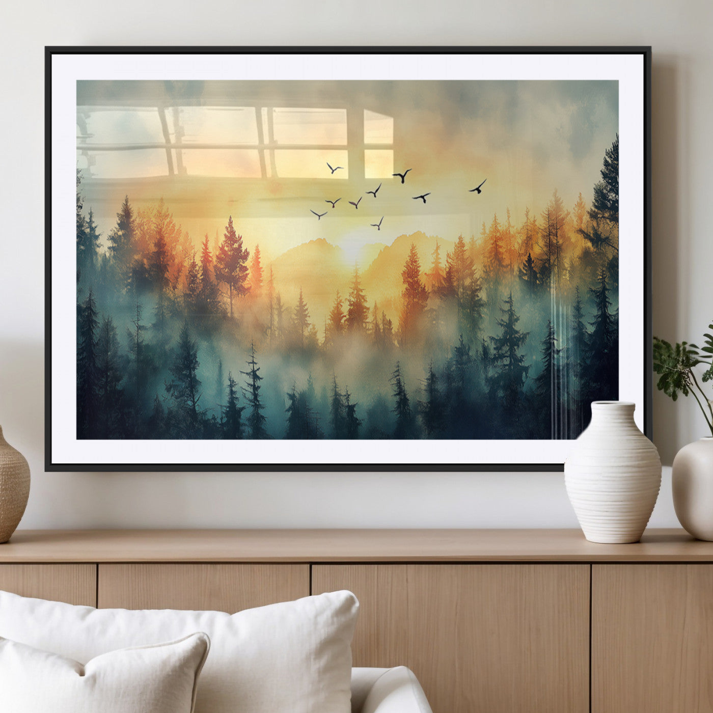 MGC-FP-36x24 - Abstract Forest Wall Art Print- Serene Nature Canvas Print with Misty Forest Design for Modern Home