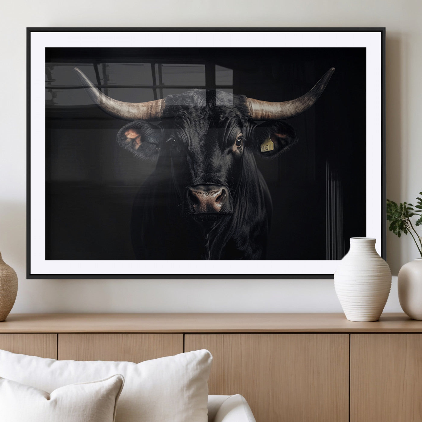MGC-FP-36x24 - Black Bull Wall Art – Framed Horned Bull Canvas Artwork, Western Cattle Design, Rustic Ranch Style Decor for Home, Office