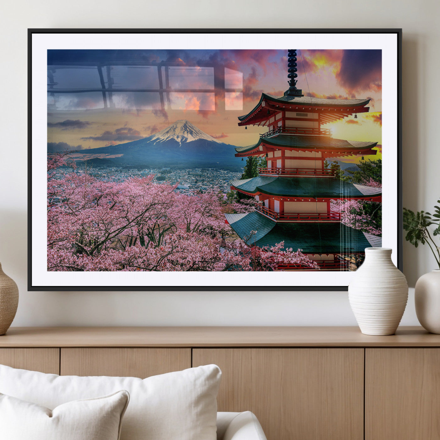 MGC-FP-36x24 - Mount Fuji & Cherry Blossom Wall Art Canvas Print – Iconic Japanese Landscape, Sakura Pagoda Sunset,