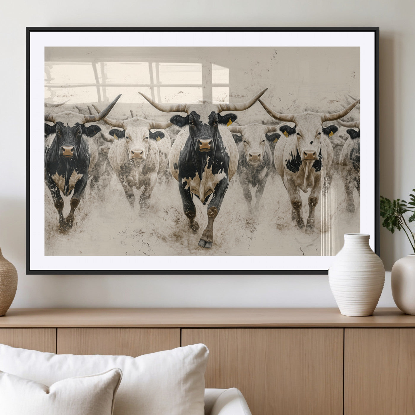 MGC-FP-36x24 - Cream Dust Longhorn Wall Art – Canvas Print of Western Herd Stampede, Dynamic Charge, Rustic Prairie Motion, Bold Nature Farm Decor