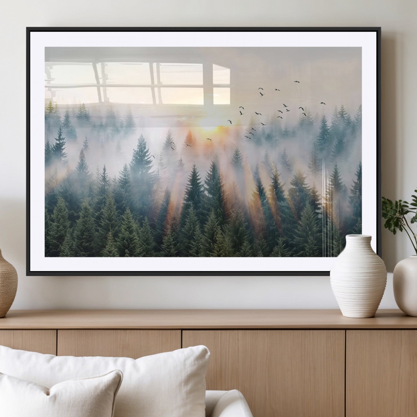 MGC-FP-36x24 - Misty Pine Forest Wall Art Canvas, Sunrise Over Foggy Trees Canvas for Home - Office, Framed
