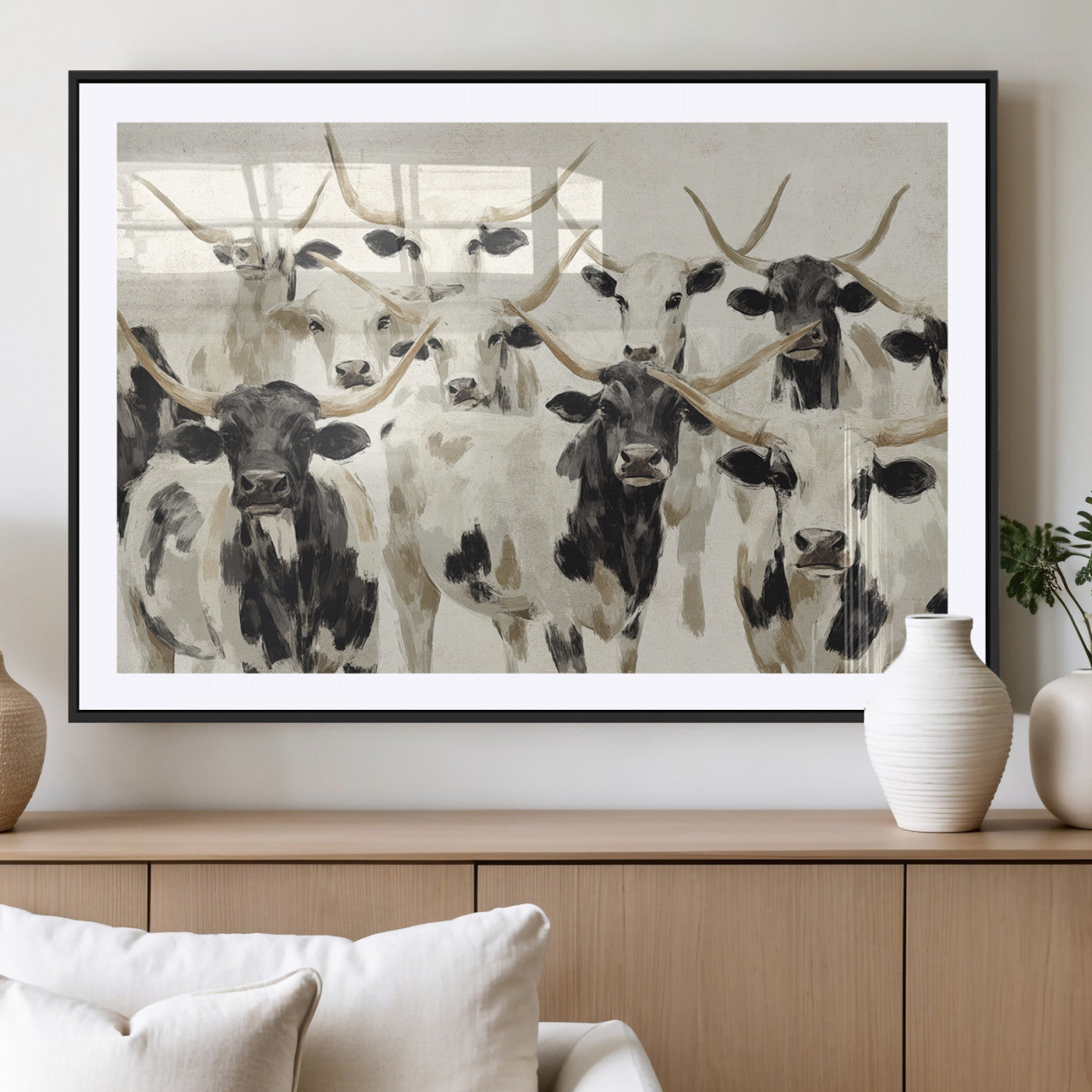 MGC-FP-36x24 - Longhorn Texas Cow Drawing Abstract Wall Art Canvas Print for Farmhouse Decor, Texas Bull Printing