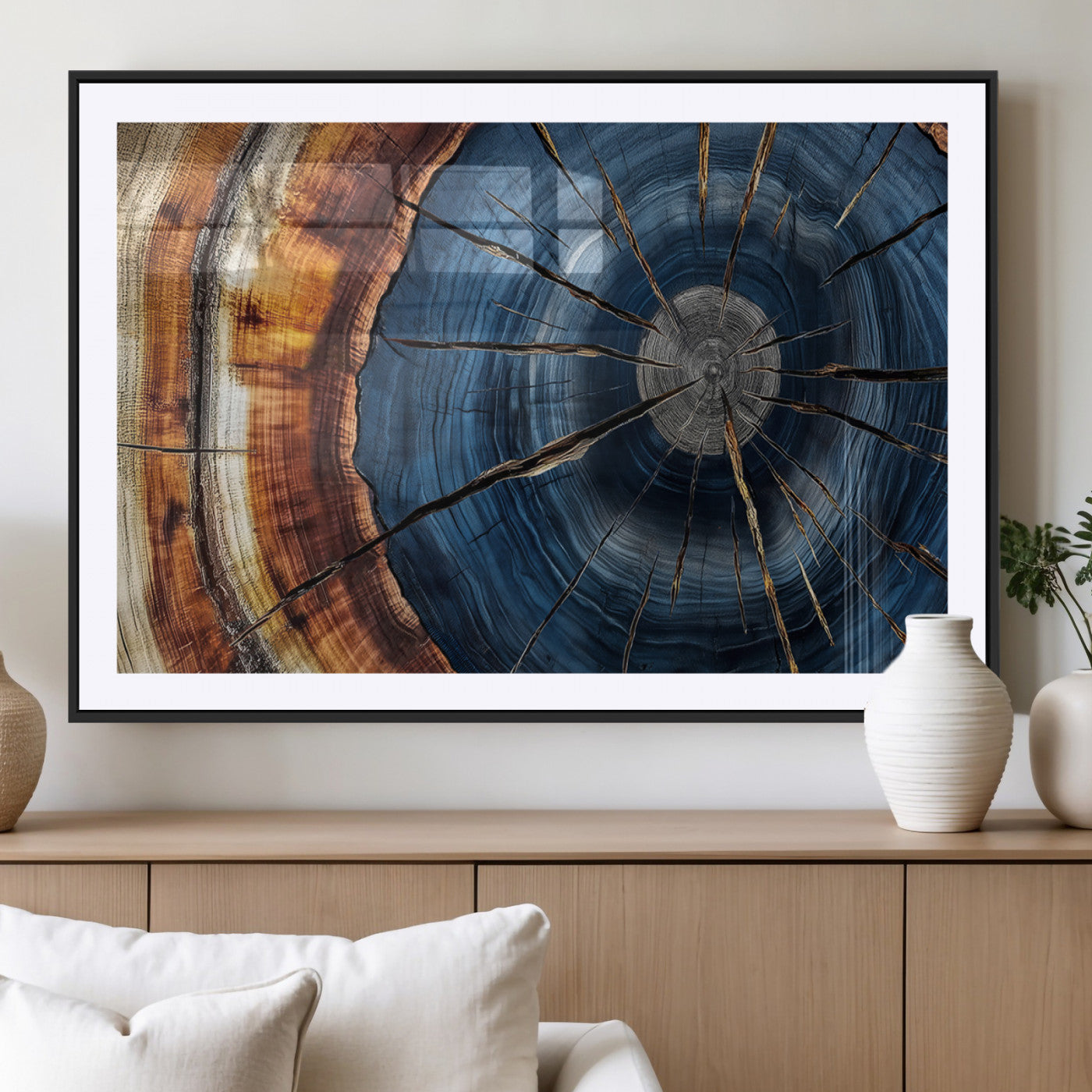 MGC-FP-36x24 - Framed Abstract Tree Ring Wall Art Print, Natural Rustic Wood Texture Canvas Print, Wood Tree Stump