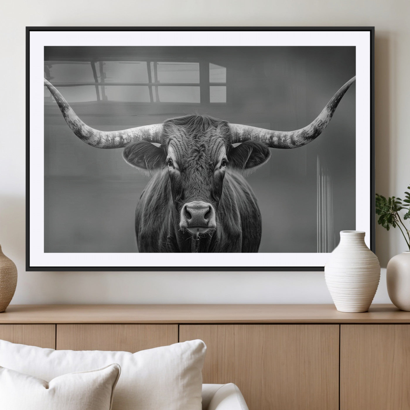 MGC-FP-36x24 - Framed Texas Longhorn Bull Art Canvas Print, Western Bull Wall Art Print, Long Horn Bull Photo Print