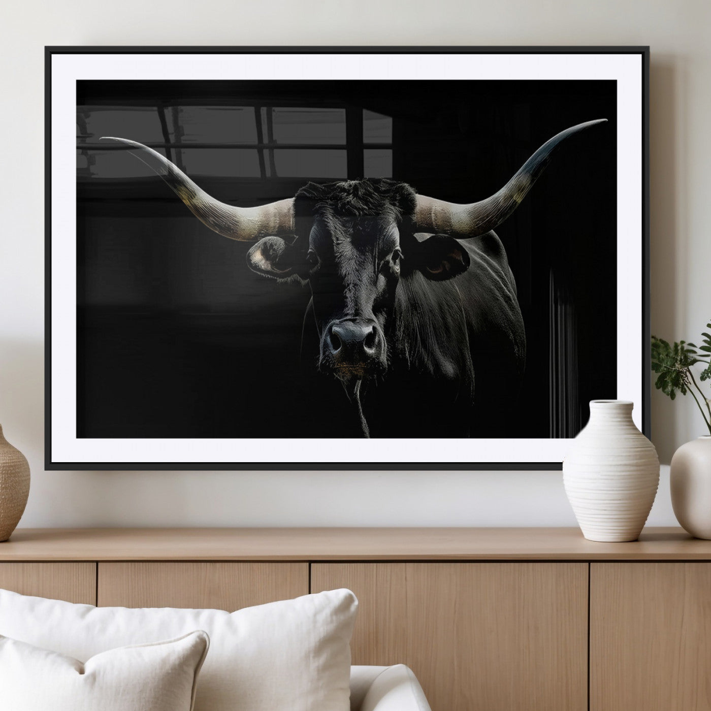 MGC-FP-36x24 - Texas Black Bull Wall Art Print, Longhorn Bull Canvas Wall Art