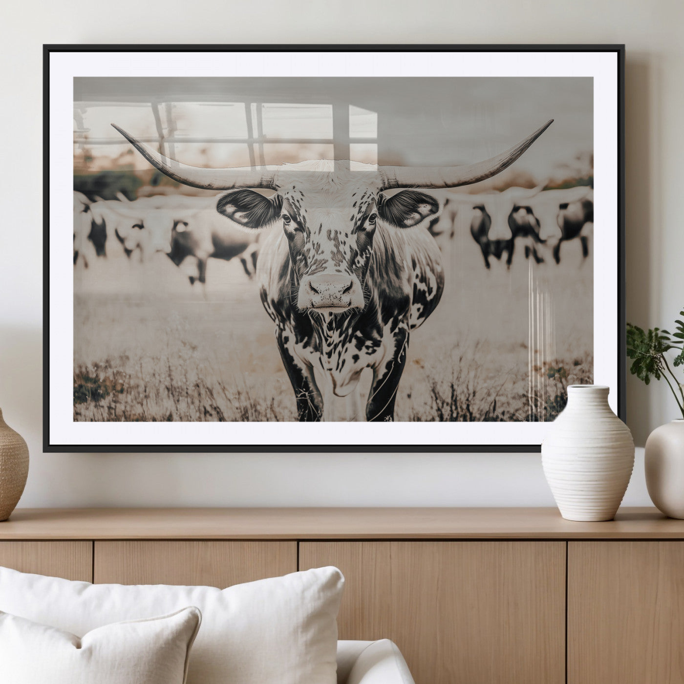 MGC-FP-36x24 - Texas Longhorn Wall Art Canvas Print, Framed Speckled Cow Art Picture Print, Horned Cattle Perfect Rustic Western Decor Artwork