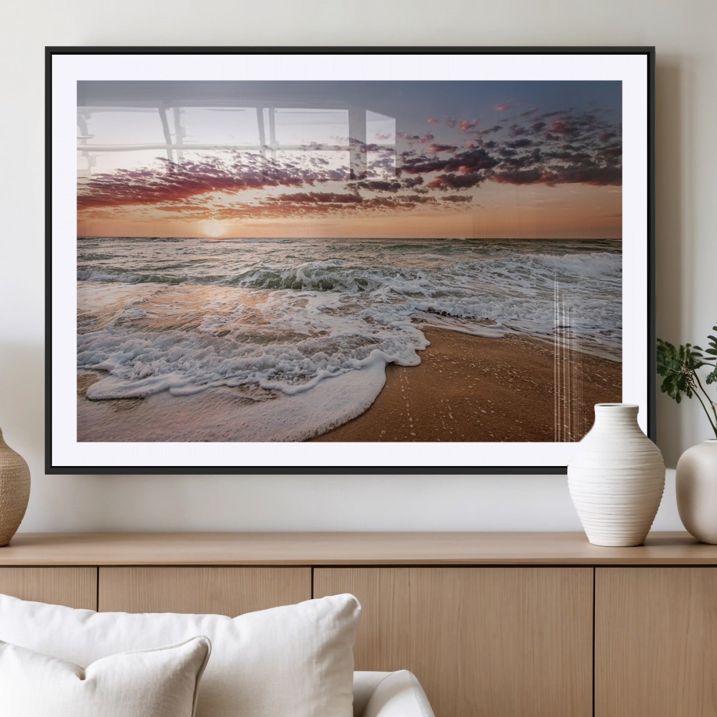 MGC-FP-36x24 - Ocean Sunset Wall Art Canvas Print, Framed Sandy Shore Art Picture Print, Gentle Waves Perfect Minimalist Coastal Decor Artwork