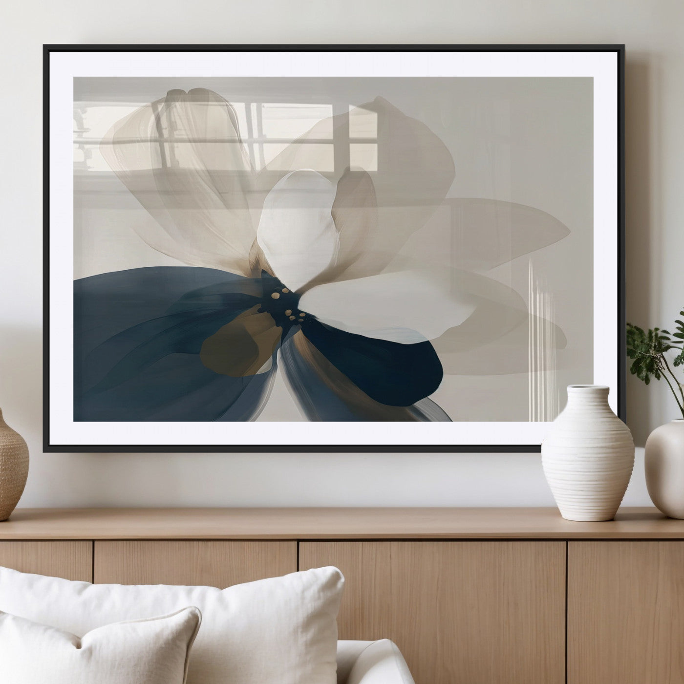 MGC-FP-36x24 - Minimal Flower Wall Art Canvas Print, Framed Flower Drawing Art Picture Print, Beige Bloom Perfect Modern Botanical Decor Artwork