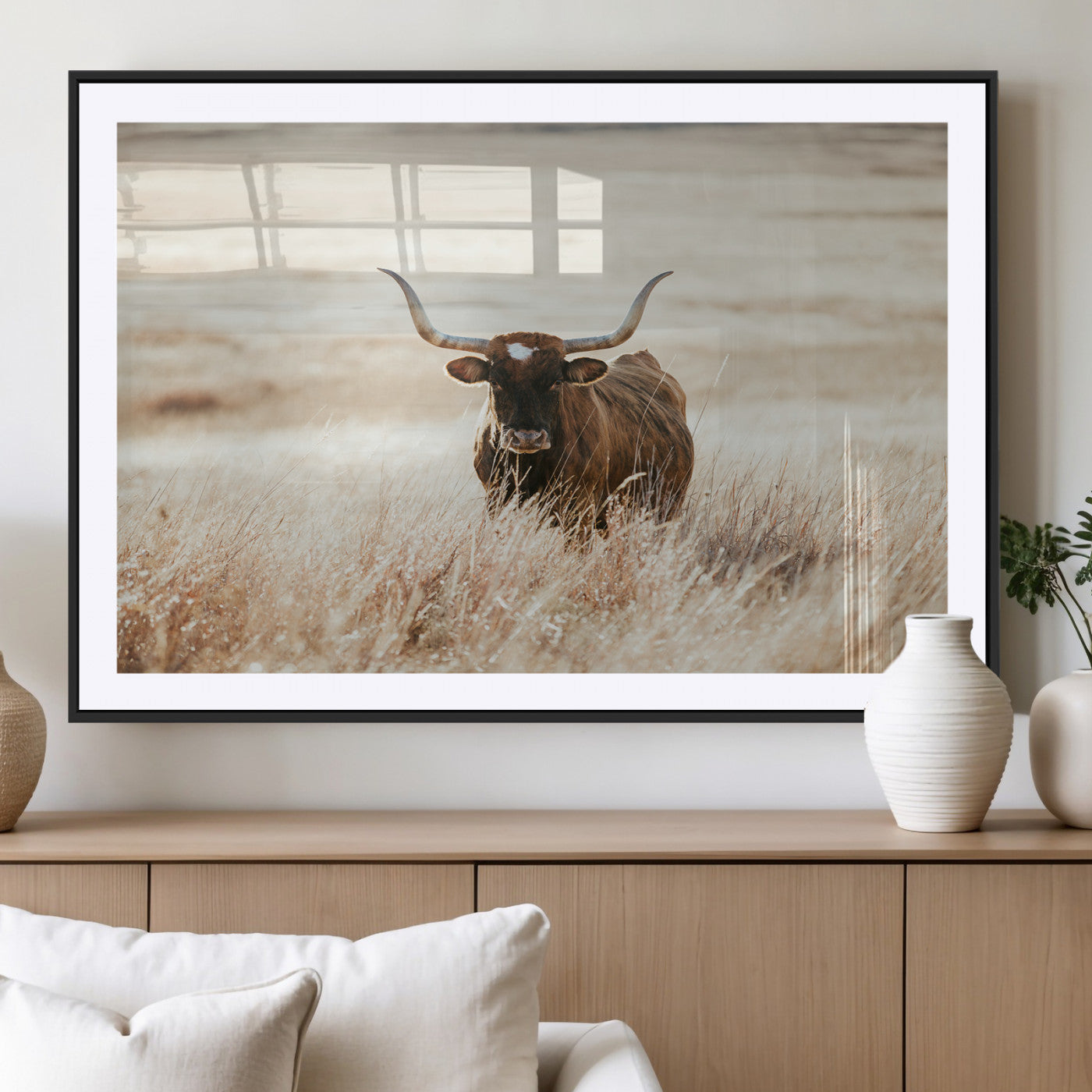 MGC-FP-36x24 - Texas Longhorn Wall Art Canvas Print, Framed Brown Cattle Art Picture Print, Horned Bull Perfect Rustic Western Decor Artwork