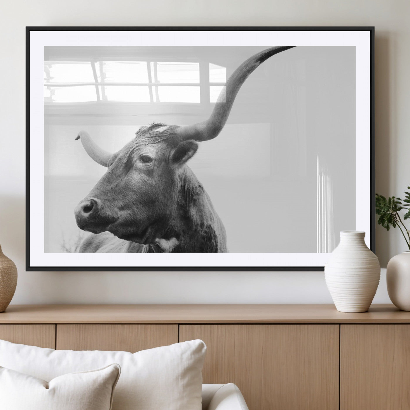 MGC-FP-36x24 - Longhorn Wall Art Wall Art Canvas Print, Framed Modern Ranch Style Art Art Picture Print, Monochrome Cow Print Perfect Rustic Western Decor Artwork