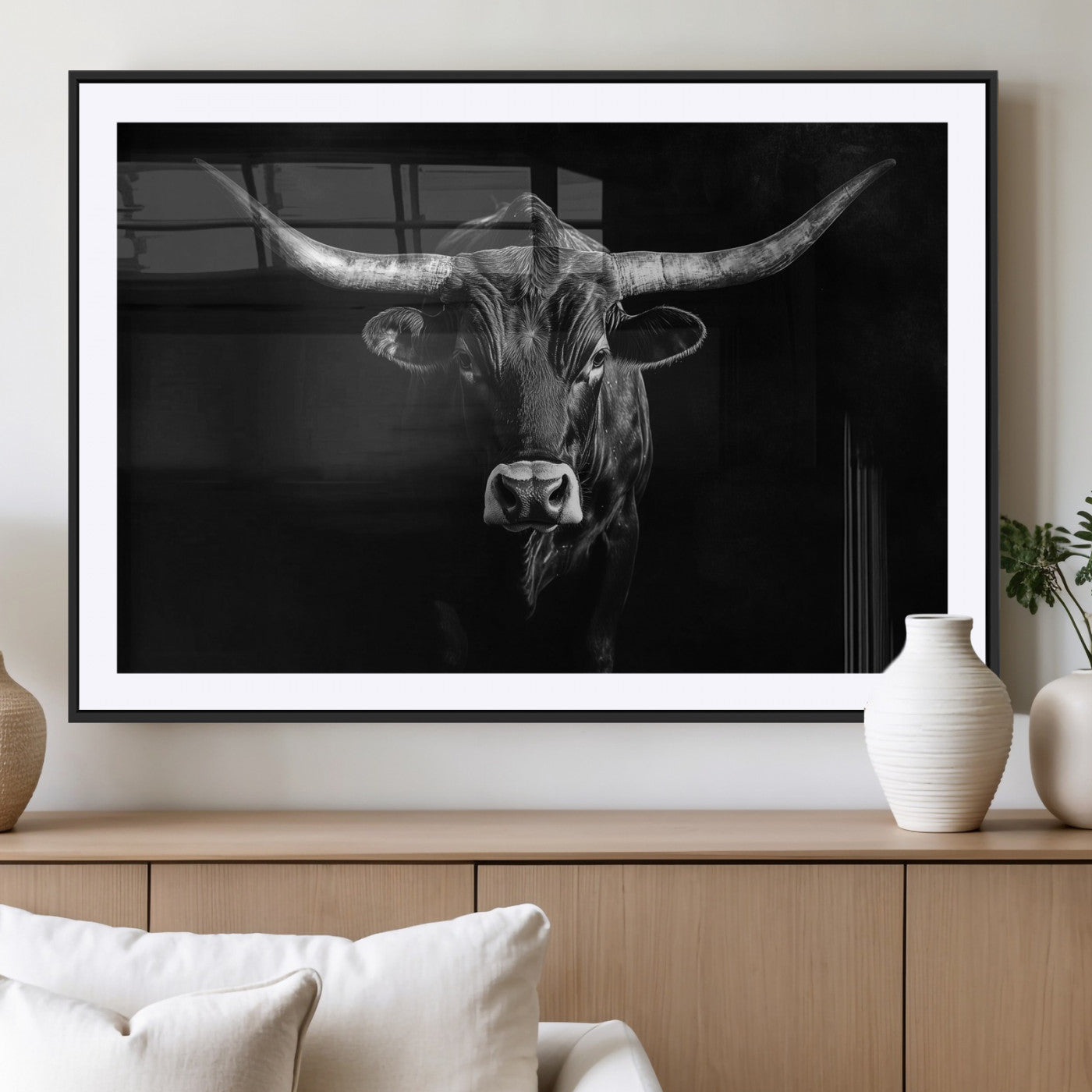 MGC-FP-36x24 - Texas Longhorn Wall Art Canvas Print, Framed Monochrome Bull Art Picture Print, Horned Bull Perfect Rustic Western Decor Artwork