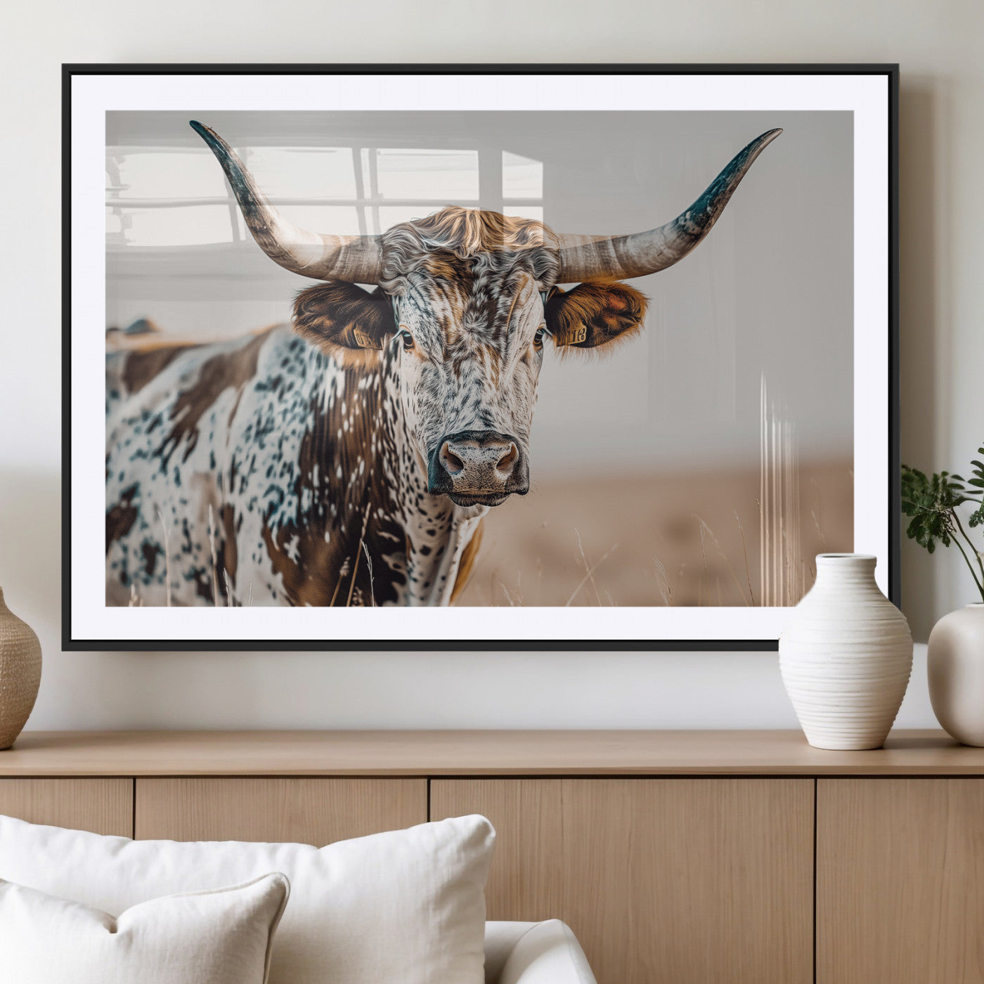 70414966-MGC-FP-36x24 - Majestic Longhorn Wall Art – Canvas Print of Strong Stance Intricate Fur & Sharp Horns Rustic Elegance & Timeless Wild Beauty Decor for Living Room, Office or Bedroom
