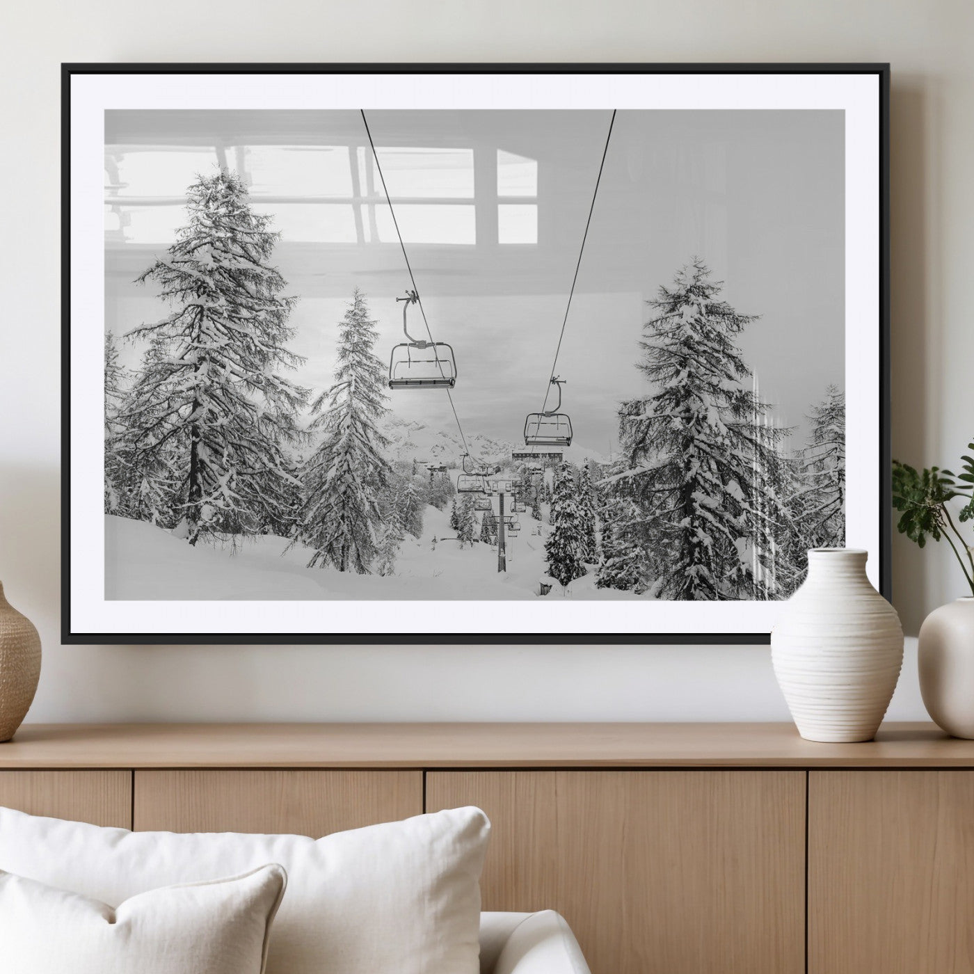 55003599-MGV-CV-36X24 - Snowy Ski Lift Wall Art – Framed Winter Forest Canvas Artwork, Peaceful Mountain Design, Modern Nature Decor for Home, Office