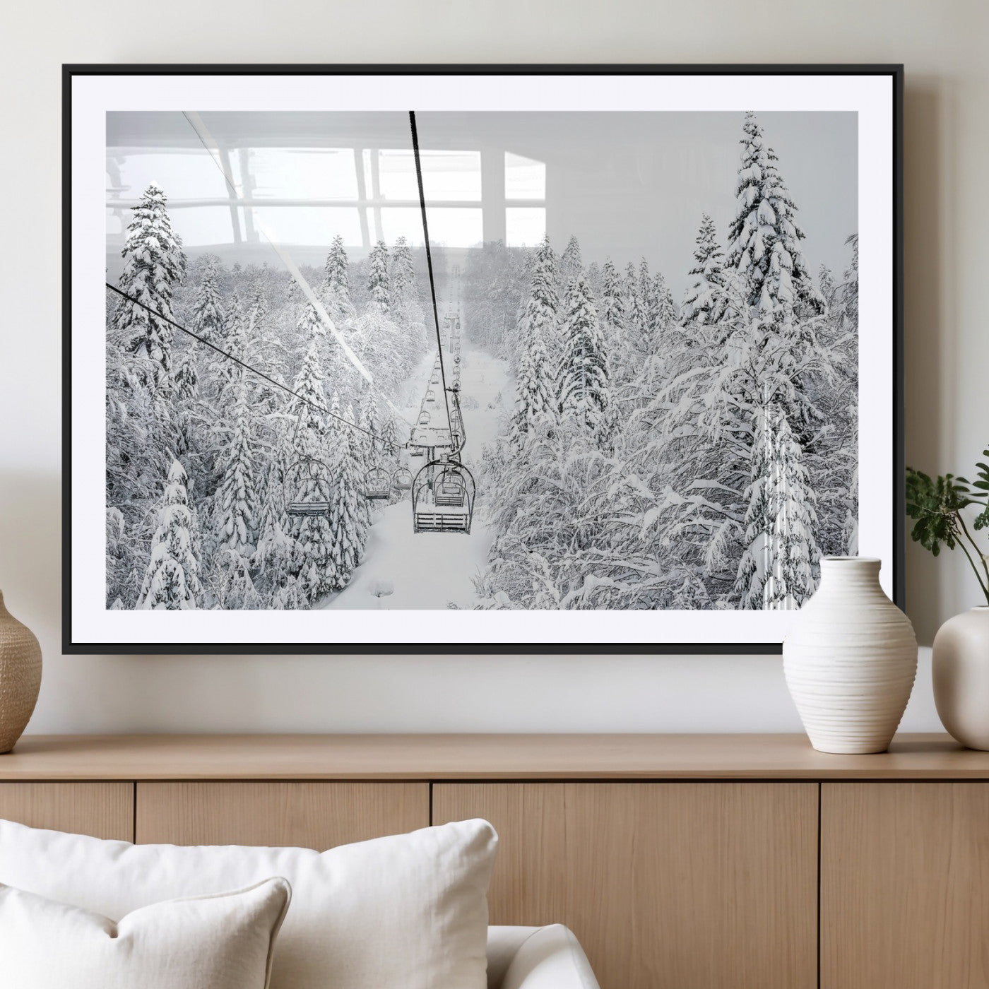 MGC-FP-36x24 - Snowy Mountains Wall Art Canvas Print, Framed Ski Lift Art Picture Print, Winter Forest Perfect