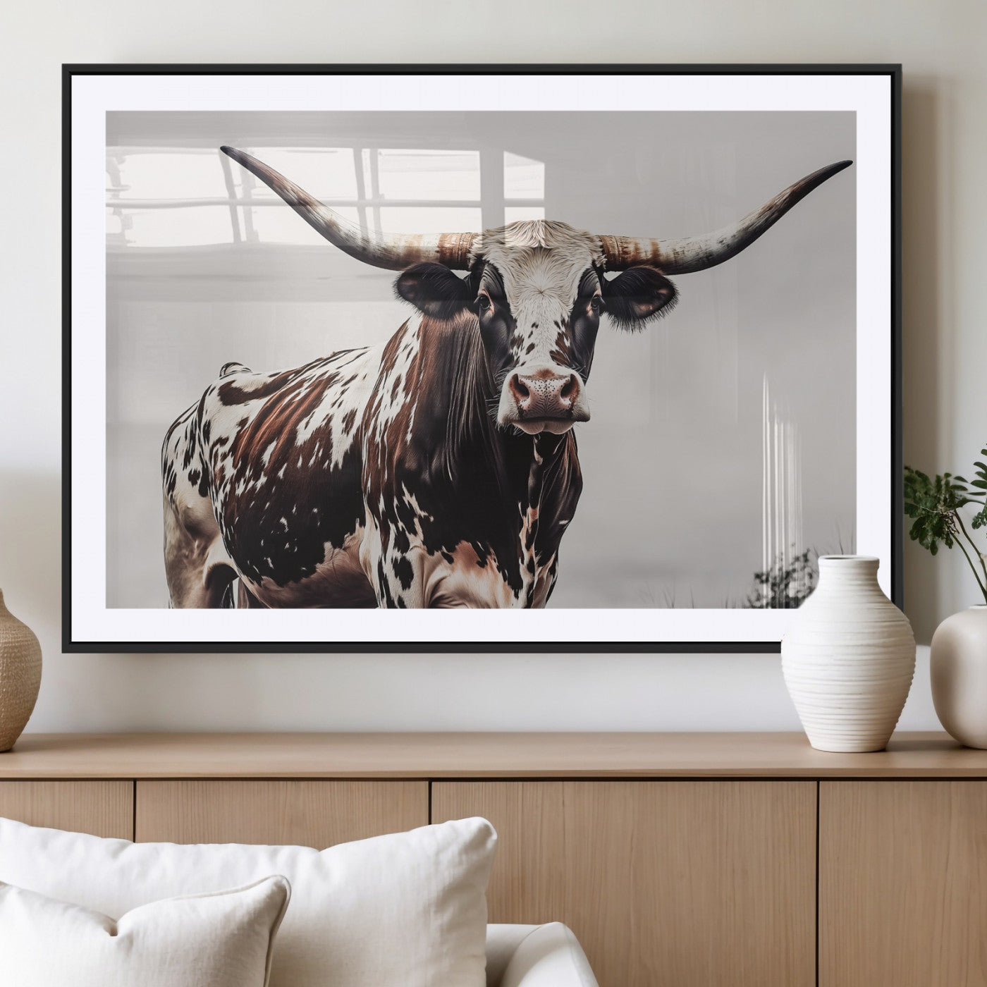Close-up of a Texas Longhorn bull with powerful horns, perfect for rustic farmhouse or country-themed home decor. Ideal for animal lovers.