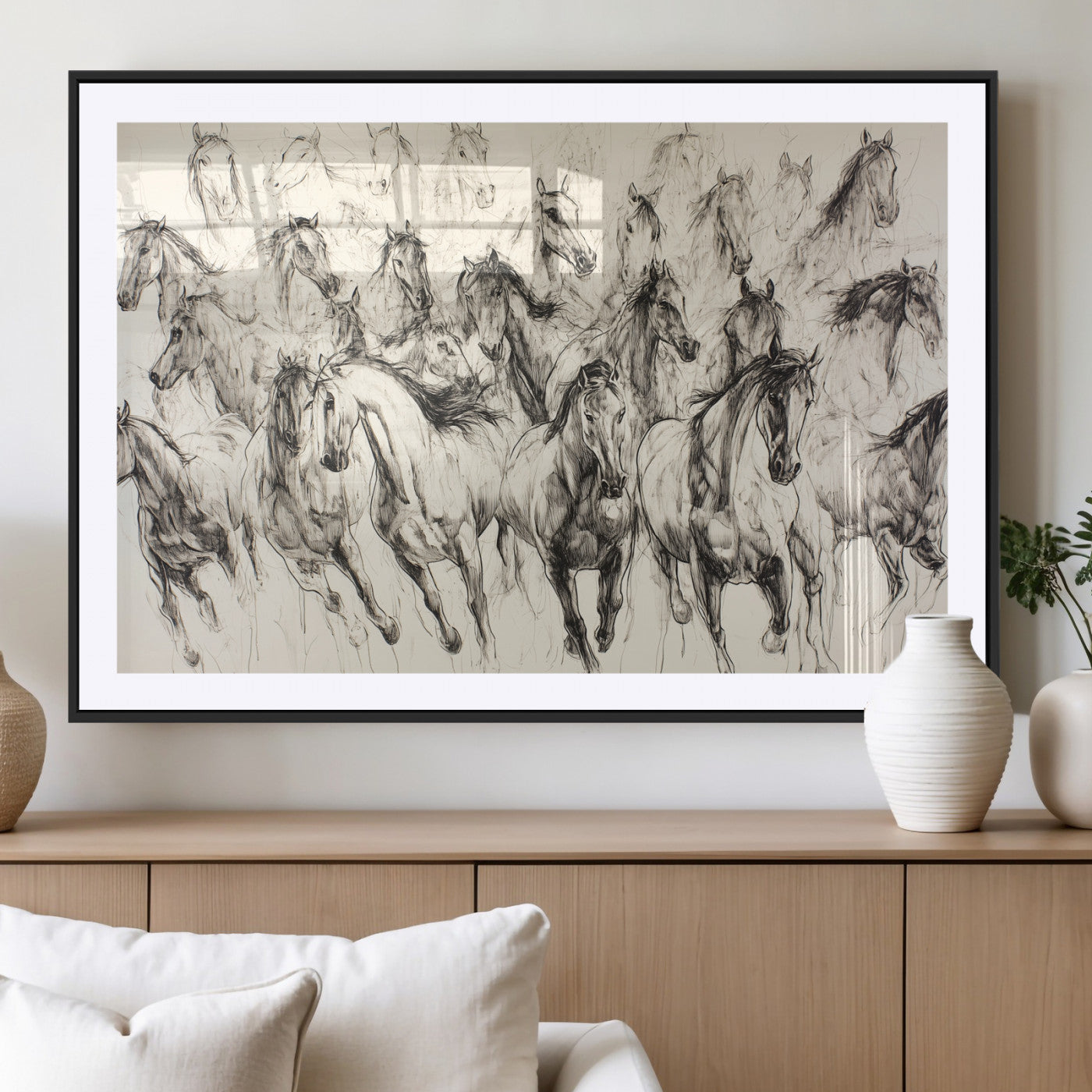 Monochrome ink sketch of galloping horses in dynamic motion, perfect for western or equine-themed wall decor with bold artistic energy.
