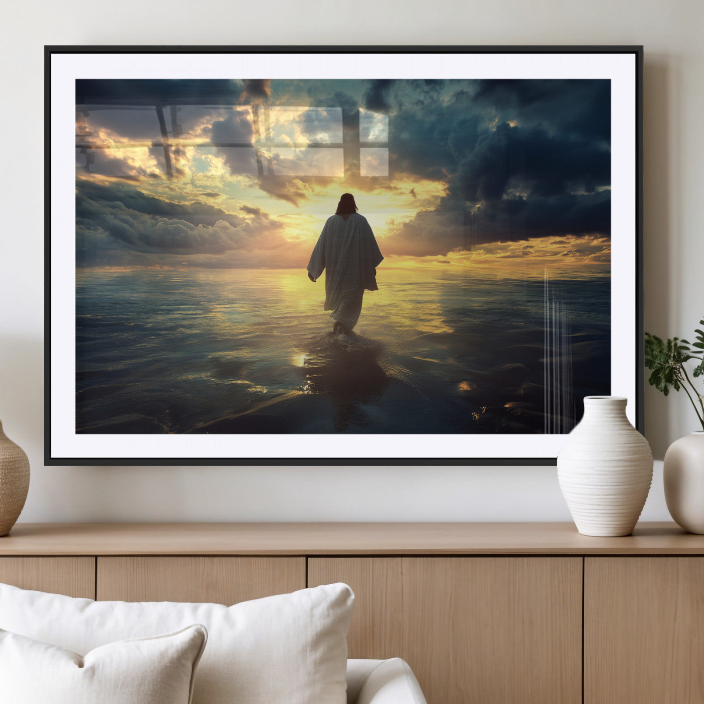 MGC-FP-36x24 - Jesus Walks Wall Art Canvas Print, Framed Divine Sunset Art Picture Print, Spiritual Light Perfect Spiritual Tranquil Decor Artwork