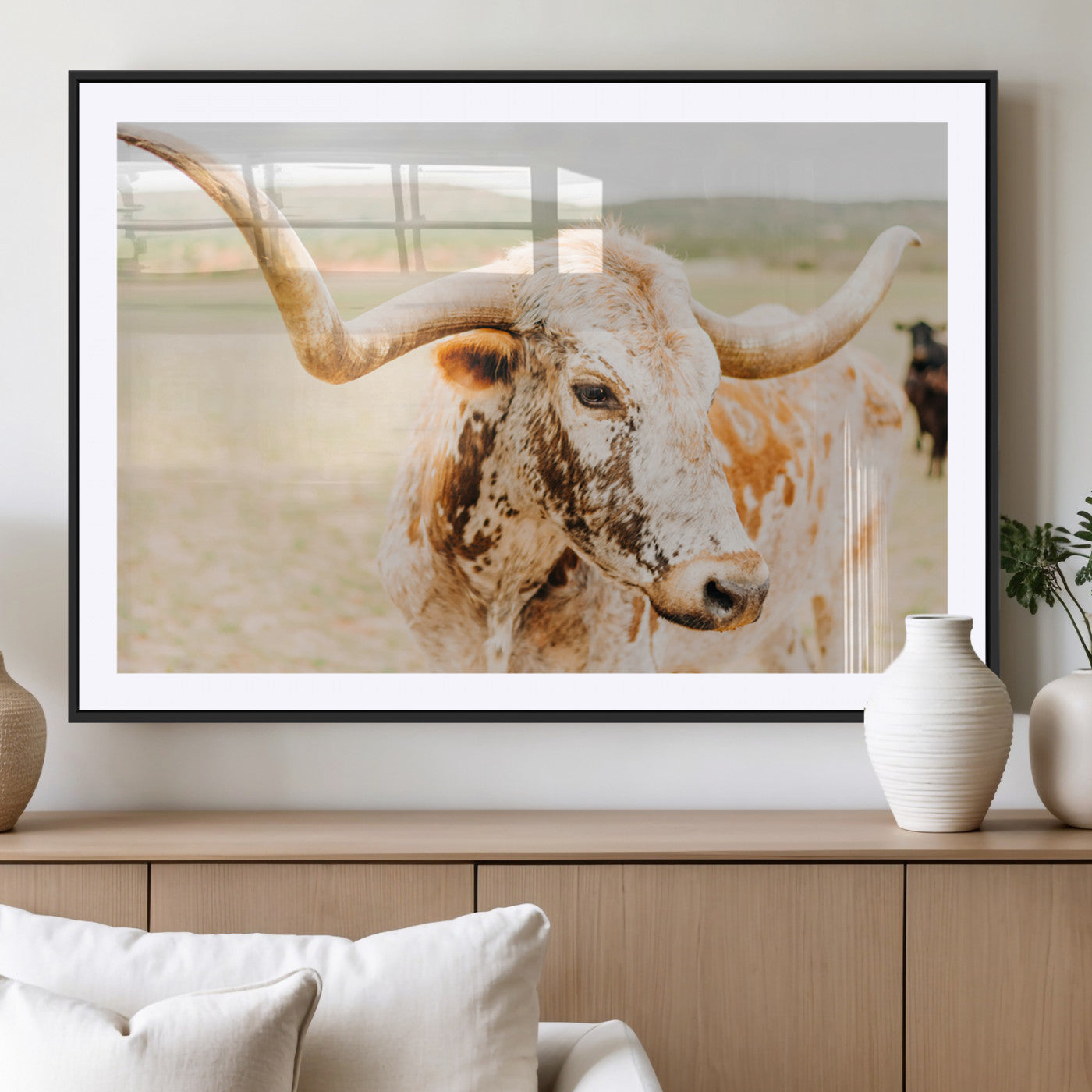 MGC-FP-36x24 - Texas Longhorn Wall Art Canvas Print, Framed Speckled Cow Art Picture Print, Rustic Bull Perfect Rustic Western Decor Artwork