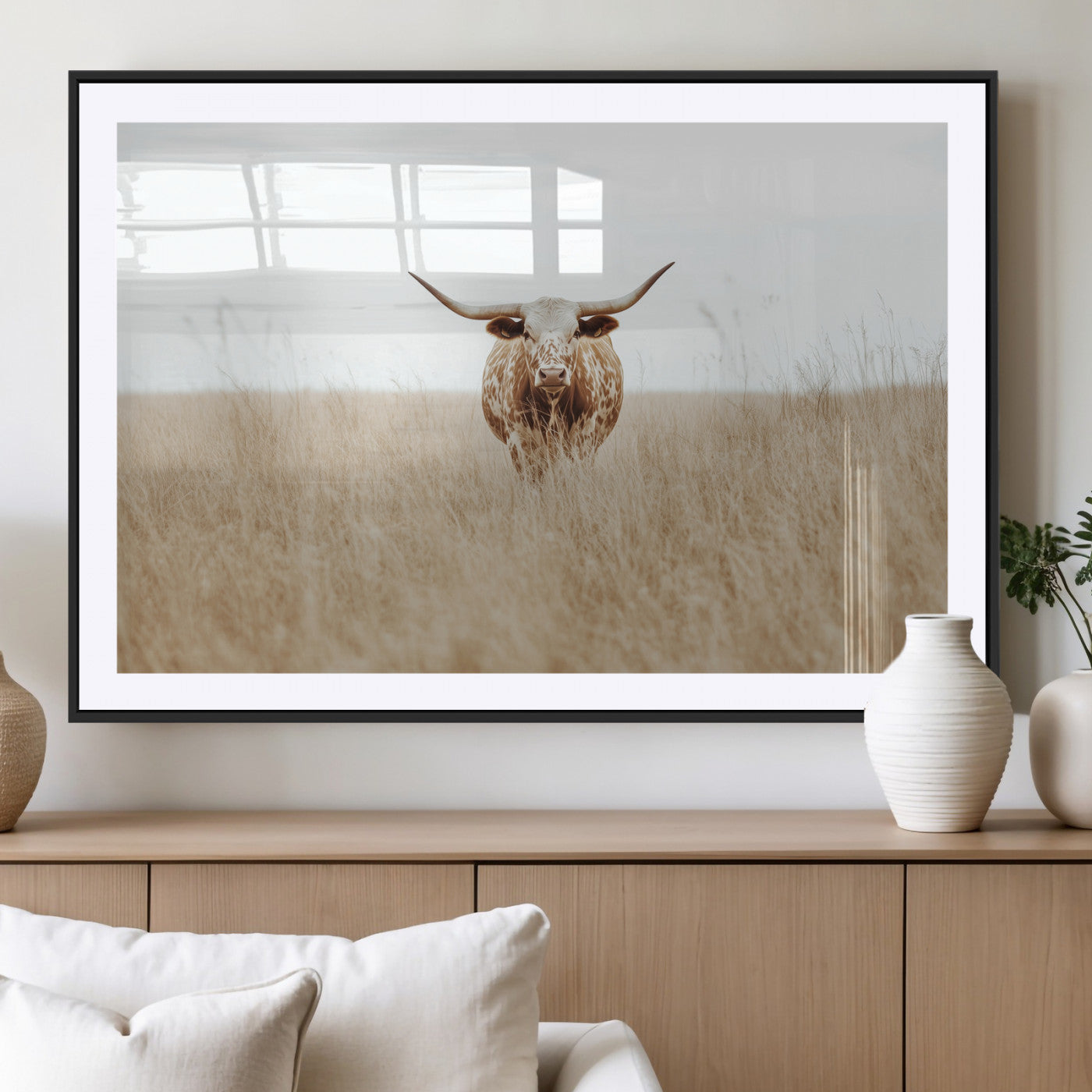MGC-FP-36x24 - Texas Longhorn Wall Art Canvas Print, Framed Lone Cattle Art Picture Print, Longhorn Bull Perfect Rustic Western Decor Artwork
