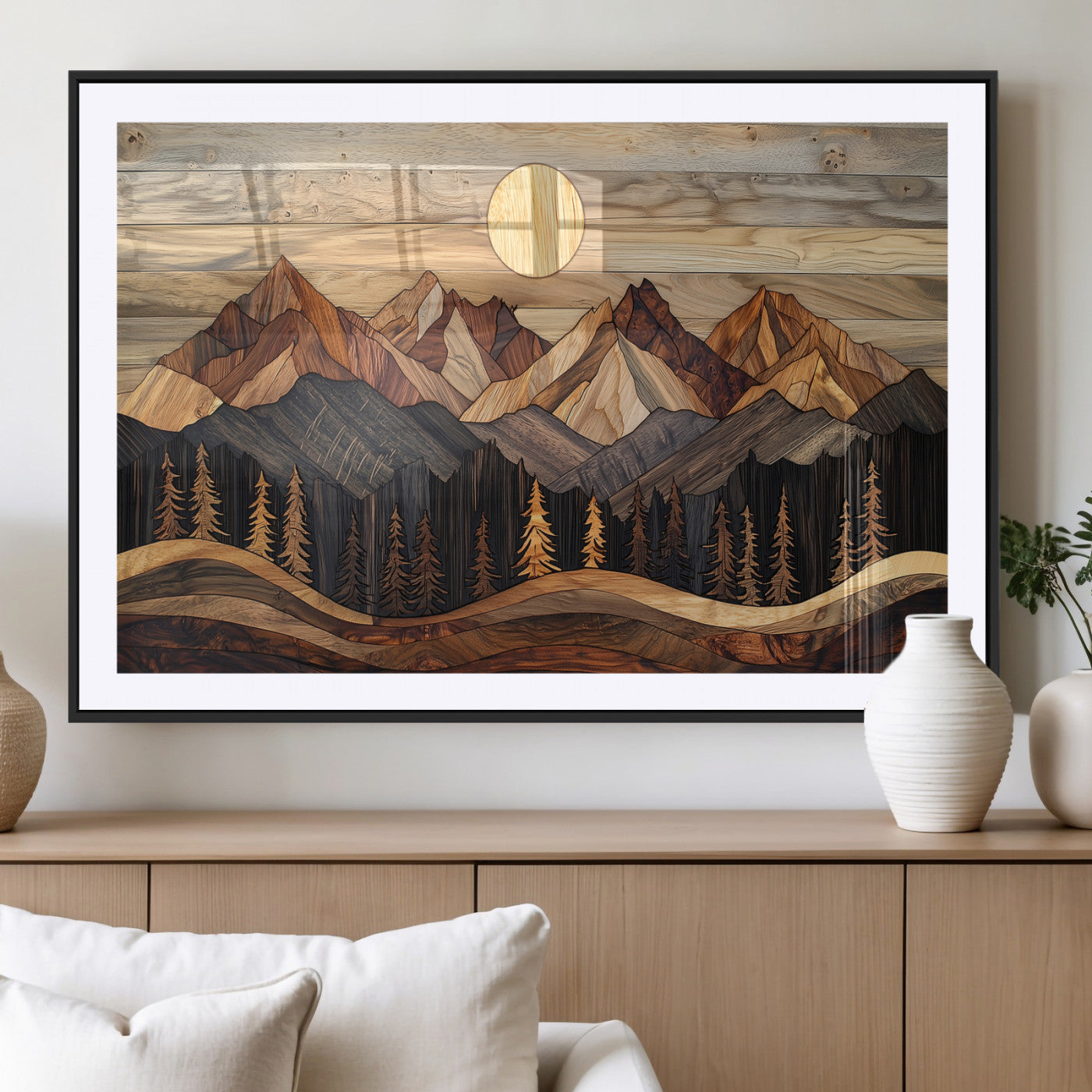 MGC-FP-36x24 - Wood Mountain Wall Art Canvas Print, Framed Boho Wood Art Picture Print, Abstract Woodland Perfect Farmhouse Decor Artwork