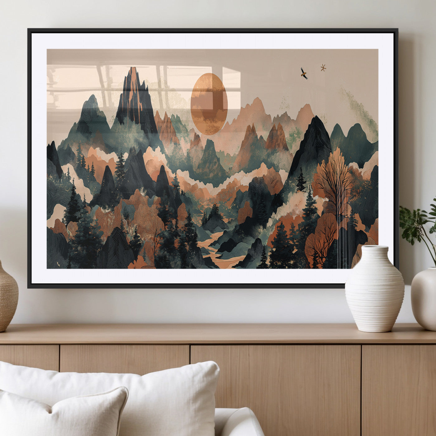 MGC-FP-36x24 - Wood Mountain Landscape Wall Art Canvas Print, Framed Sunset Hills Art Picture Print, Abstract Nature Perfect Boho Decor Artwork