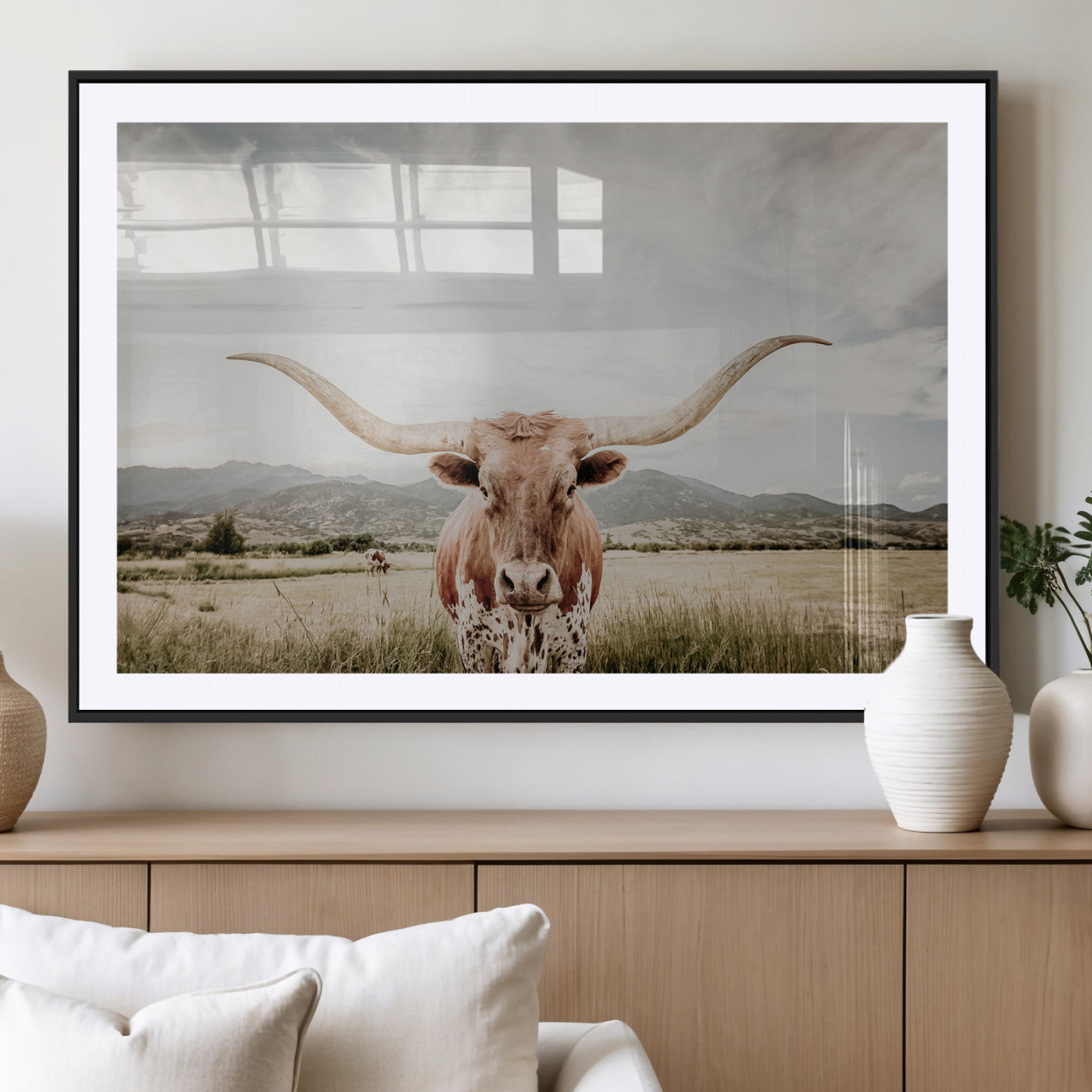 MGC-FP-36x24 - Texas Longhorn Wall Art Canvas Print, Framed Western Cow Art Picture Print, Rustic Farmhouse Perfect Farmhouse Decor Artwork