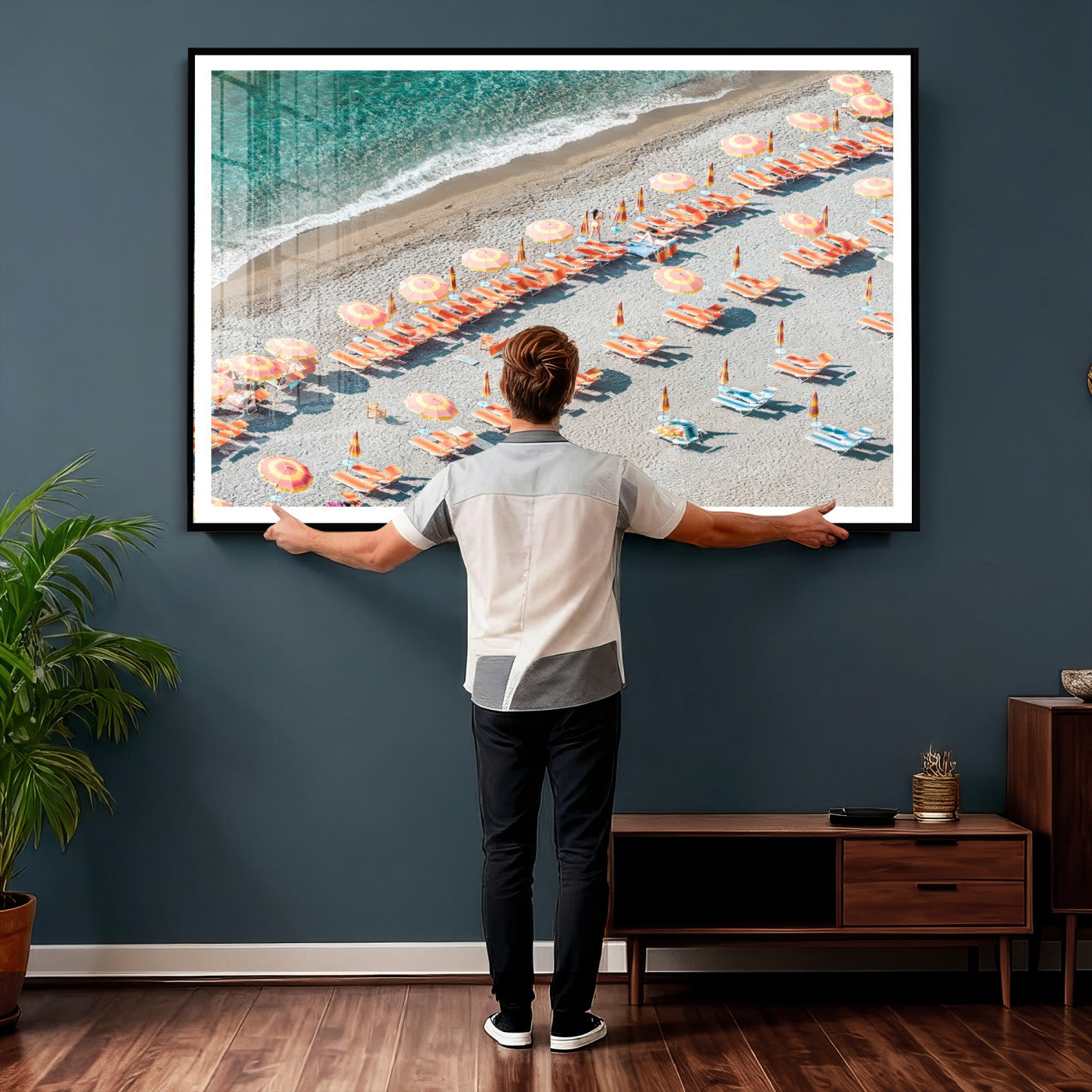 27805351-MGV-CV-36X24 - Beach Umbrellas Wall Art – Orange Loungers & Turquoise Water Canvas Print, Sandy Shore and Summer Vibes