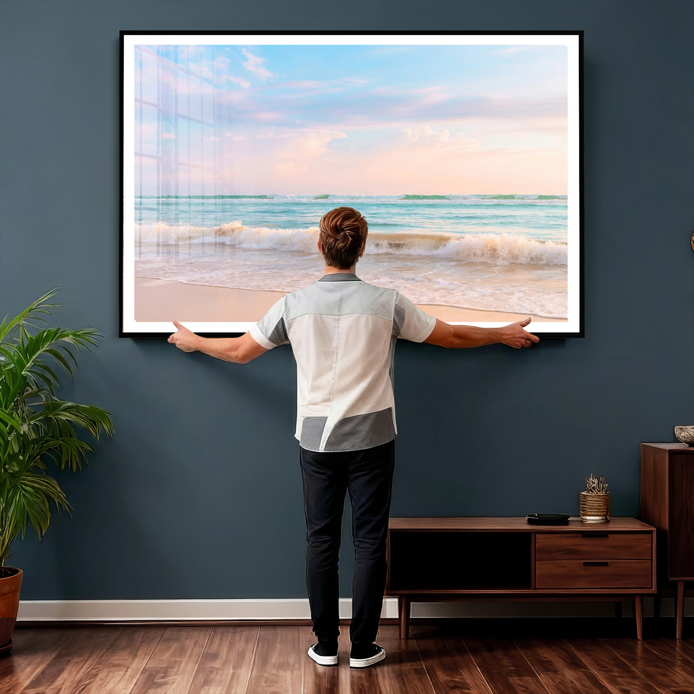 74679437-MGV-CV-36X24 - Serene Waves Wall Art – Golden Shore & Soft Pastel Sky Canvas Print, Gentle Ocean and Peaceful Sunset for Living Room or Office
