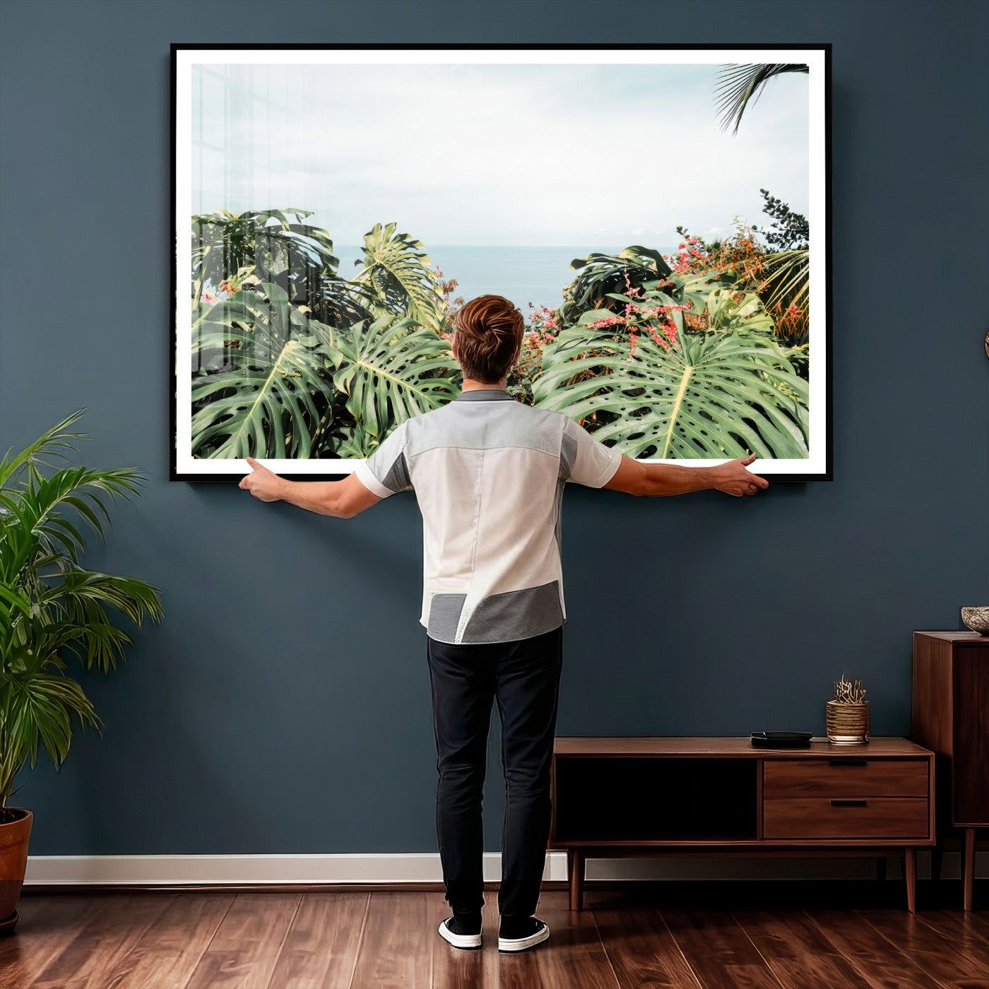 45700479-MGV-CV-36X24 - Tropical Greenery Wall Art – Exotic Leaves & Ocean View Canvas Print, Sunlit Paradise and Vibrant Nature for Living Room or Coastal Decor