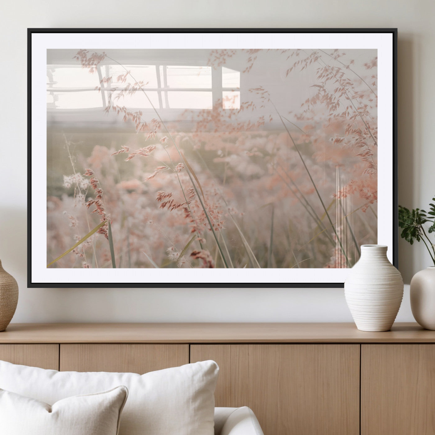 MGC-FP-36x24 - Pastel Grasses Wall Art Canvas Print, Framed Soft Meadow Art Picture Print, Field in Breeze Perfect Soft Pastel Minimal Decor Artwork
