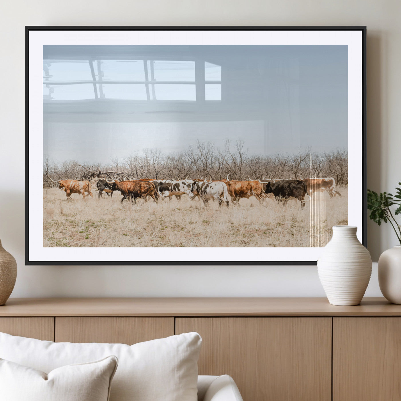 MGC-FP-36x24 - Texas Longhorns Wall Art Canvas Print, Framed Western Cattles Art Picture Print, Rustic Herd Perfect Rustic Farmhouse Decor Artwork