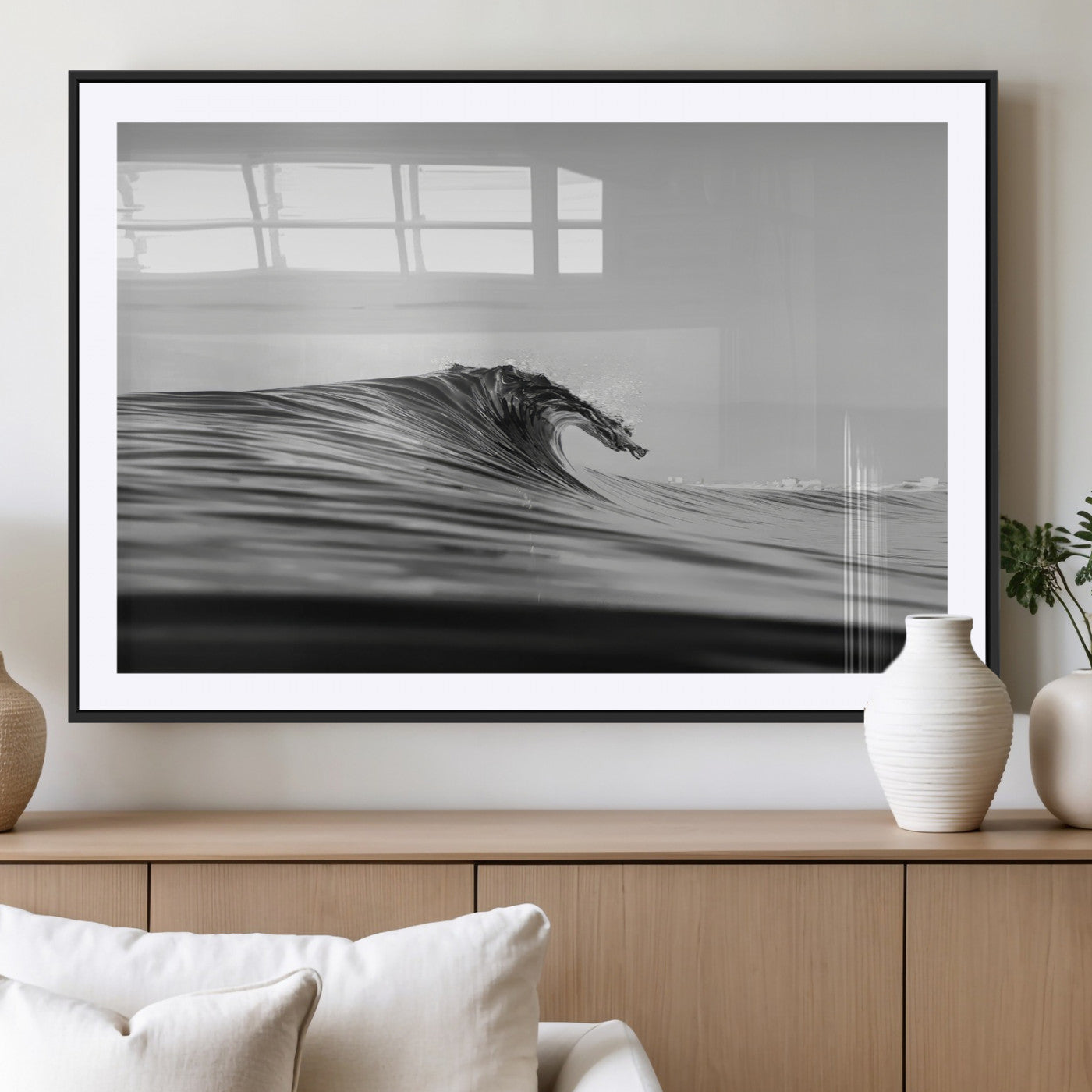 MGC-FP-36x24 - Black Wave Wall Art Canvas Print, Framed Abstract Surf Art Picture Print, Minimalist Ocean Perfect Minimalist Coastal Decor Artwork
