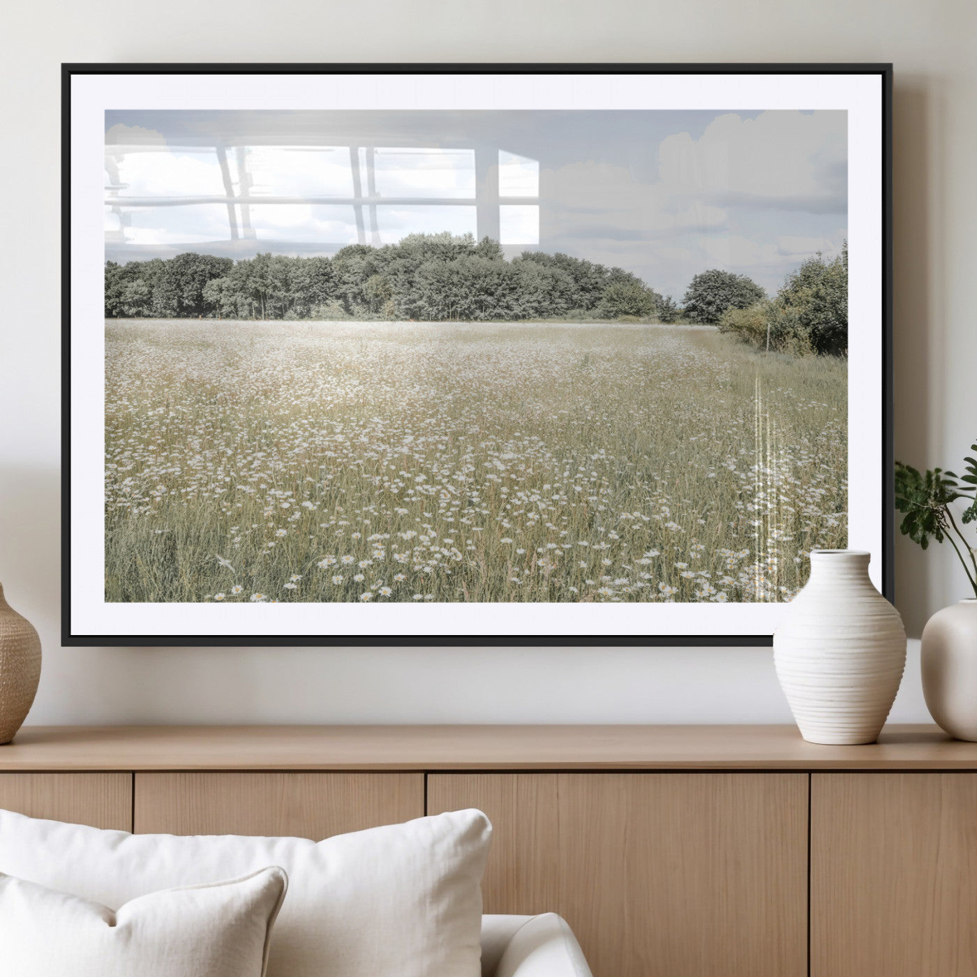 MGC-FP-36x24 - Charming Daisy Field Wall Art Canvas Print, Framed Pastel Flower Art Picture Print, Meadow Bloom Perfect Scandinavian Minimalist Decor Artwork