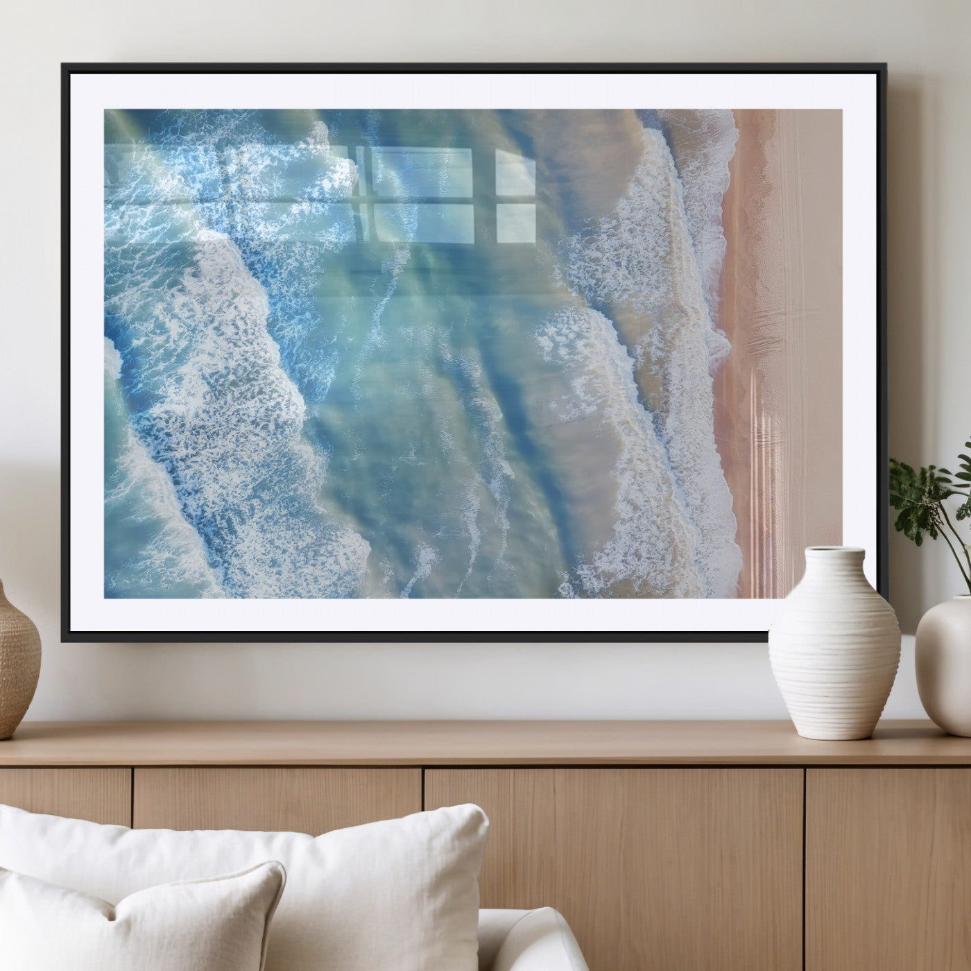 MGC-FP-36x24 - Aerial Ocean View Wall Art Canvas Print, Framed Soft Blue Waves Art Picture Print, Sandy Shoreline Perfect Modern Coastal Decor Artwork
