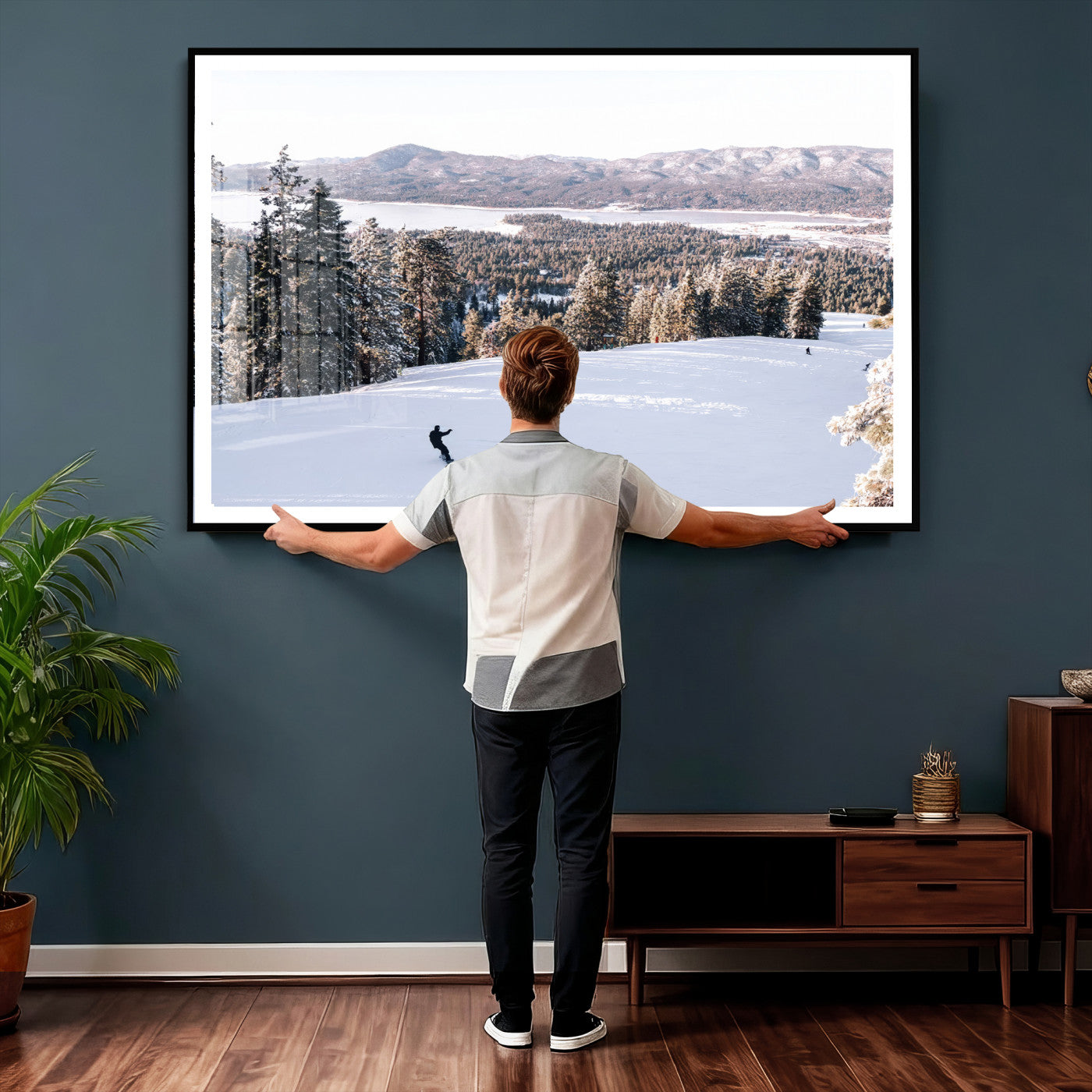 79857868-MGV-CV-36X24 - Snowboarder Wall Art – Winter Slope Canvas Print, Pine Forest, Snow-Covered Mountains, Outdoor Adventure for Living Room or Cabin Decor