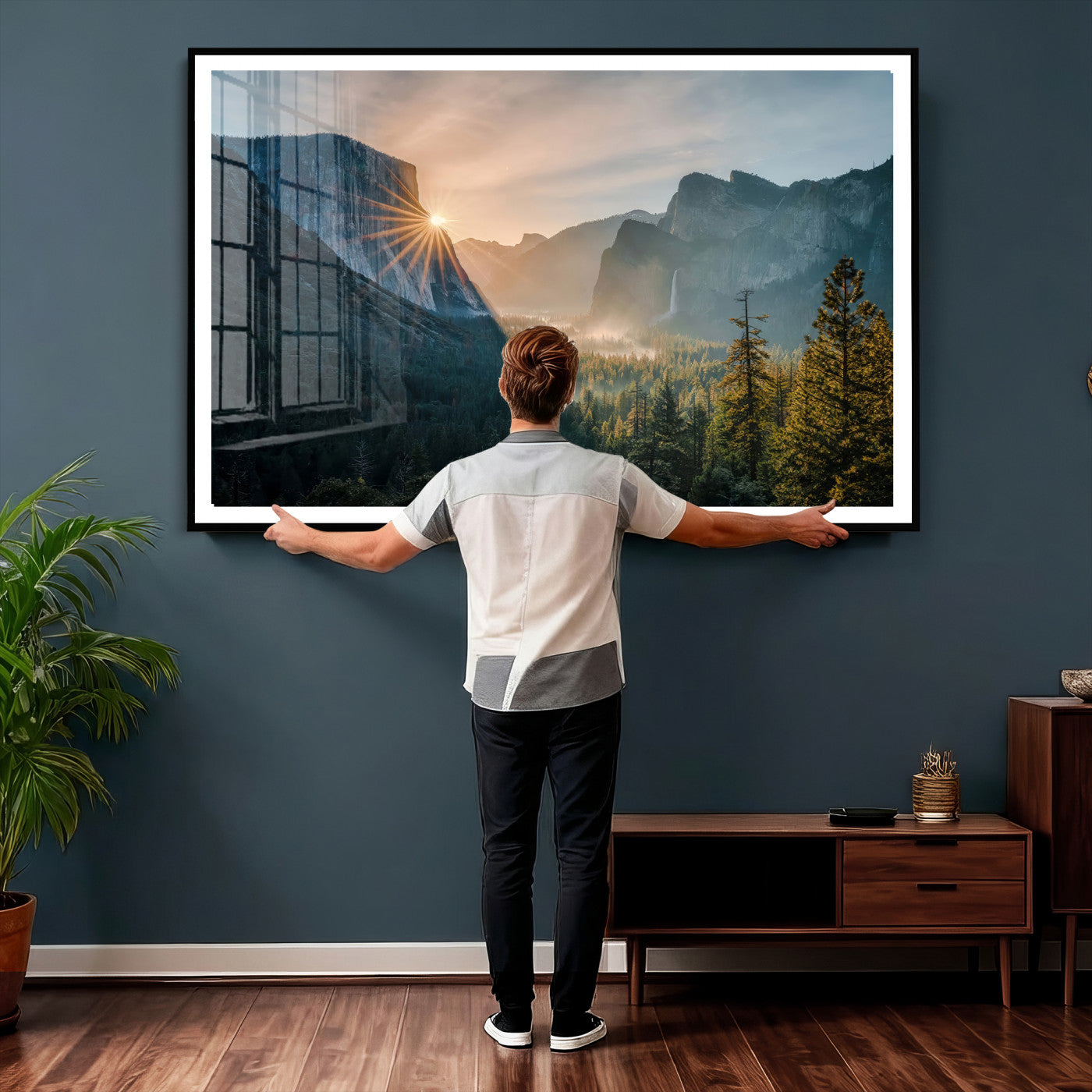 51605481-MGV-CV-36X24 - Yosemite Valley Wall Art – Misty Forest Peaks Canvas Print, Radiant Light, Tranquil Nature Landscape for Living Room or Cabin Decor