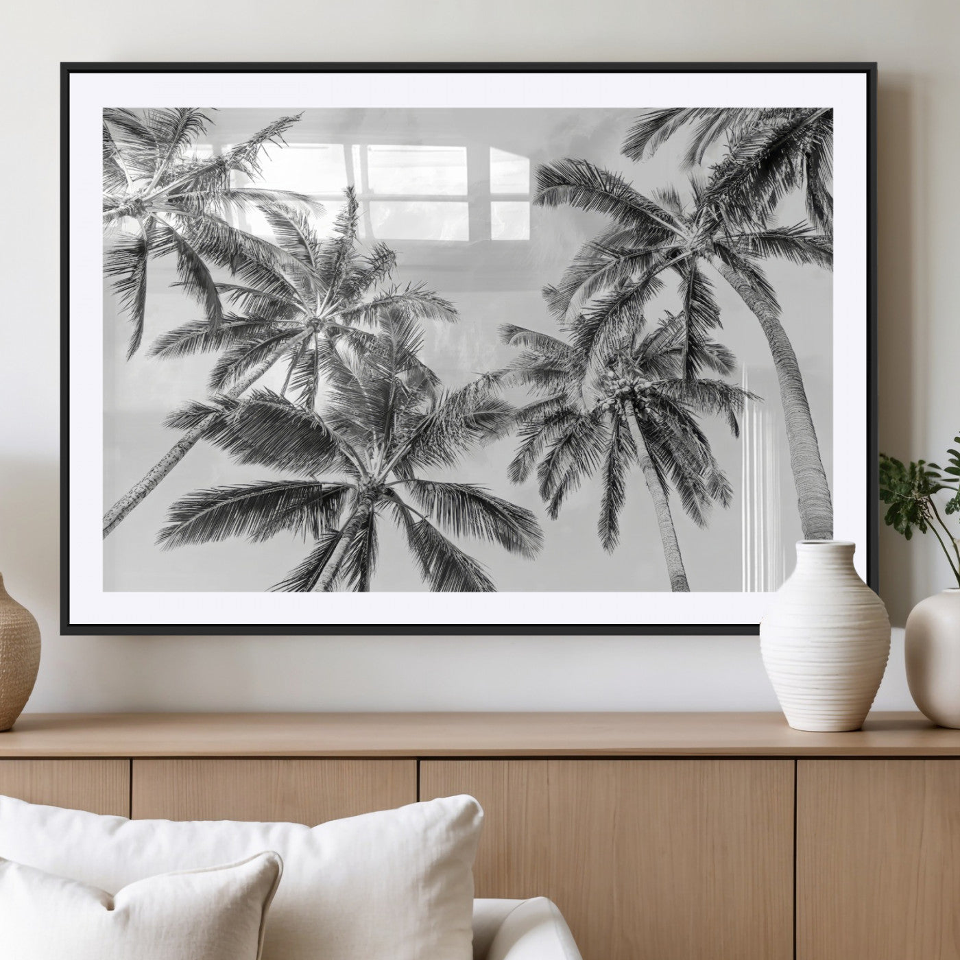 MGC-FP-36x24 - Black White Palm Wall Art Canvas Print, Framed Monochrome Tropics Art Picture Print, Minimalist Beach Perfect Coastal Minimalist Decor Artwork