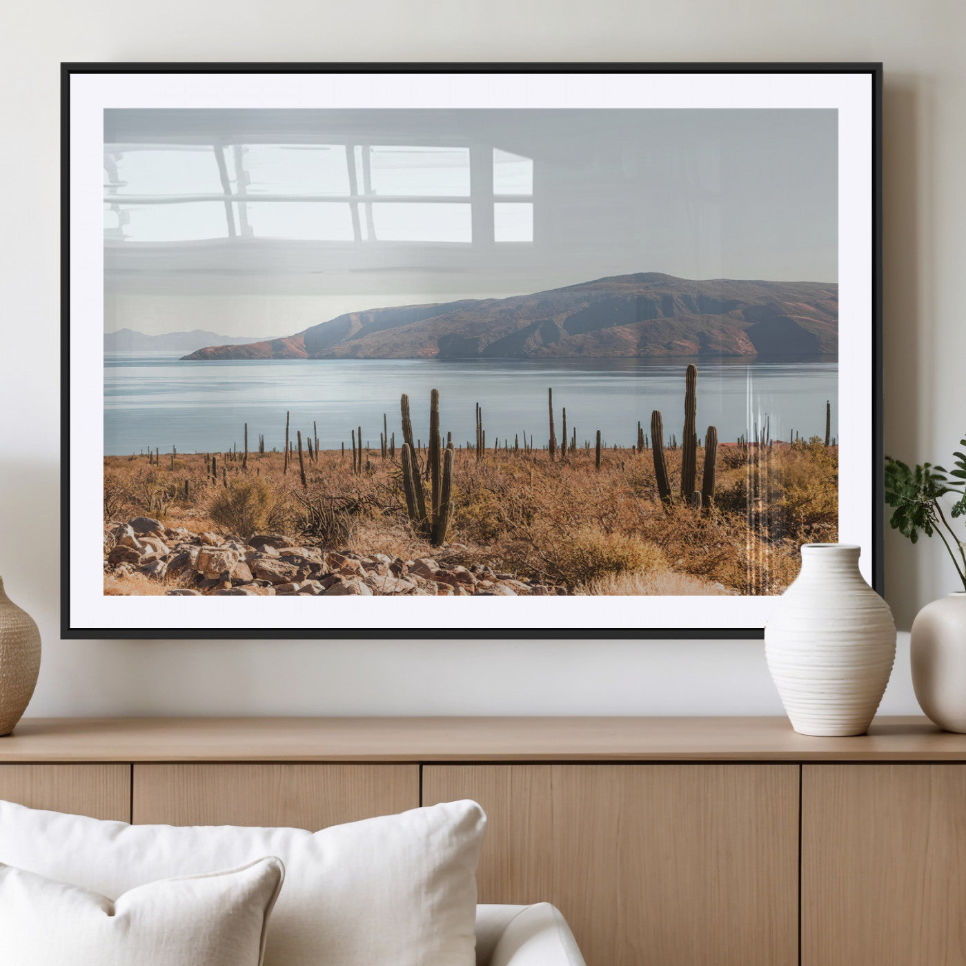 MGC-FP-36x24 - Desert Cactus Wall Art Canvas Print, Framed Baja Coastline Art Picture Print, Coastal Desert Perfect Southwestern Minimalist Decor Artwork