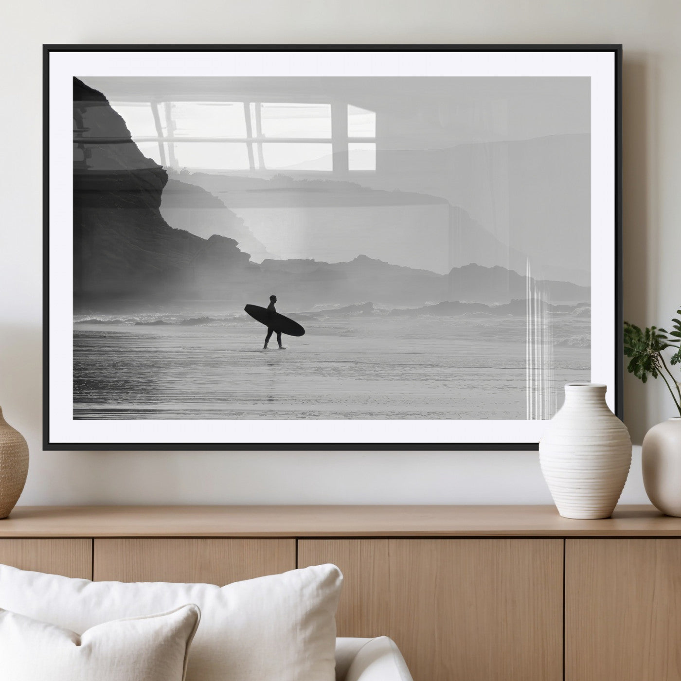 MGC-FP-36x24 - Surfer In Fog Wall Art Canvas Print, Framed Moody Shoreline Art Picture Print, Cliffside Waves Perfect Minimalist Coastal Decor Artwork