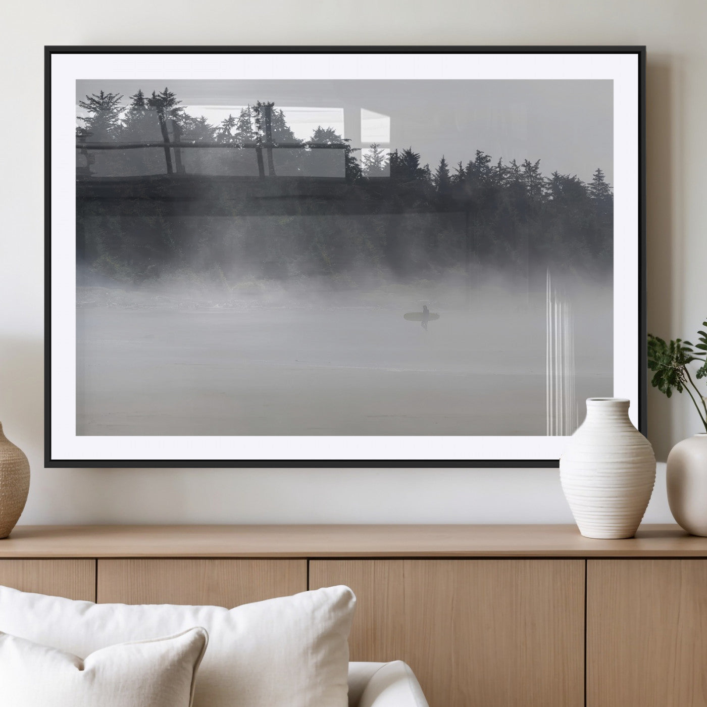 MGC-FP-36x24 - Surfer in Fog Wall Art Canvas Print, Framed Foggy Beach Art Picture Print, Coastal Surf Perfect Moody Coastal Decor Artwork