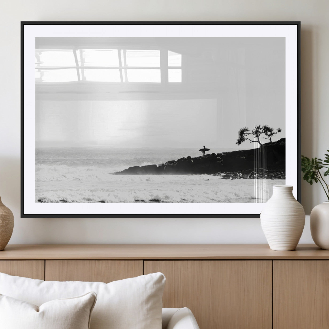 MGC-FP-36x24 - SurferCliffs Wall Art Canvas Print, Framed Black White Beach Art Picture Print, Ocean Waves Perfect Minimalist Coastal Decor Artwork