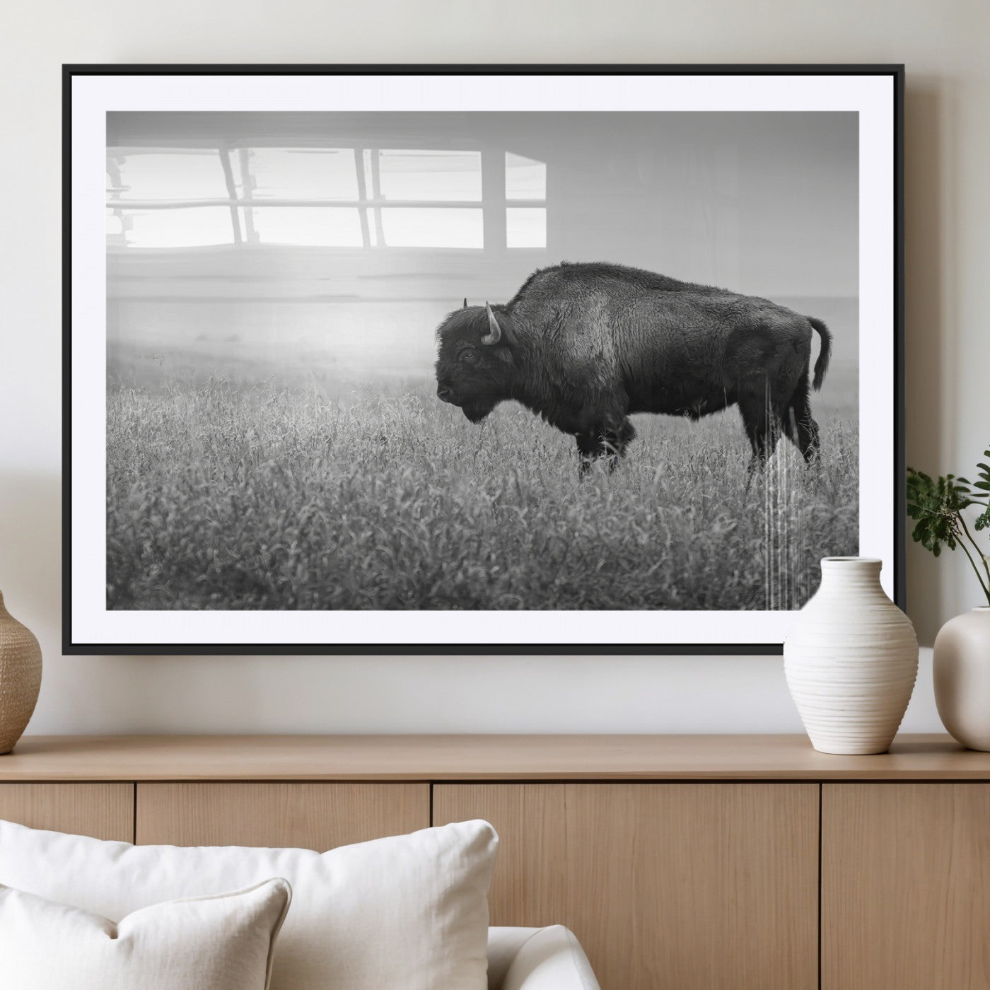 MGC-FP-36x24 - Bison In Prairie Wall Art Canvas Print, Framed Rustic Wildlife Art Picture Print, Wild Buffalo Perfect Rustic Western Decor Artwork